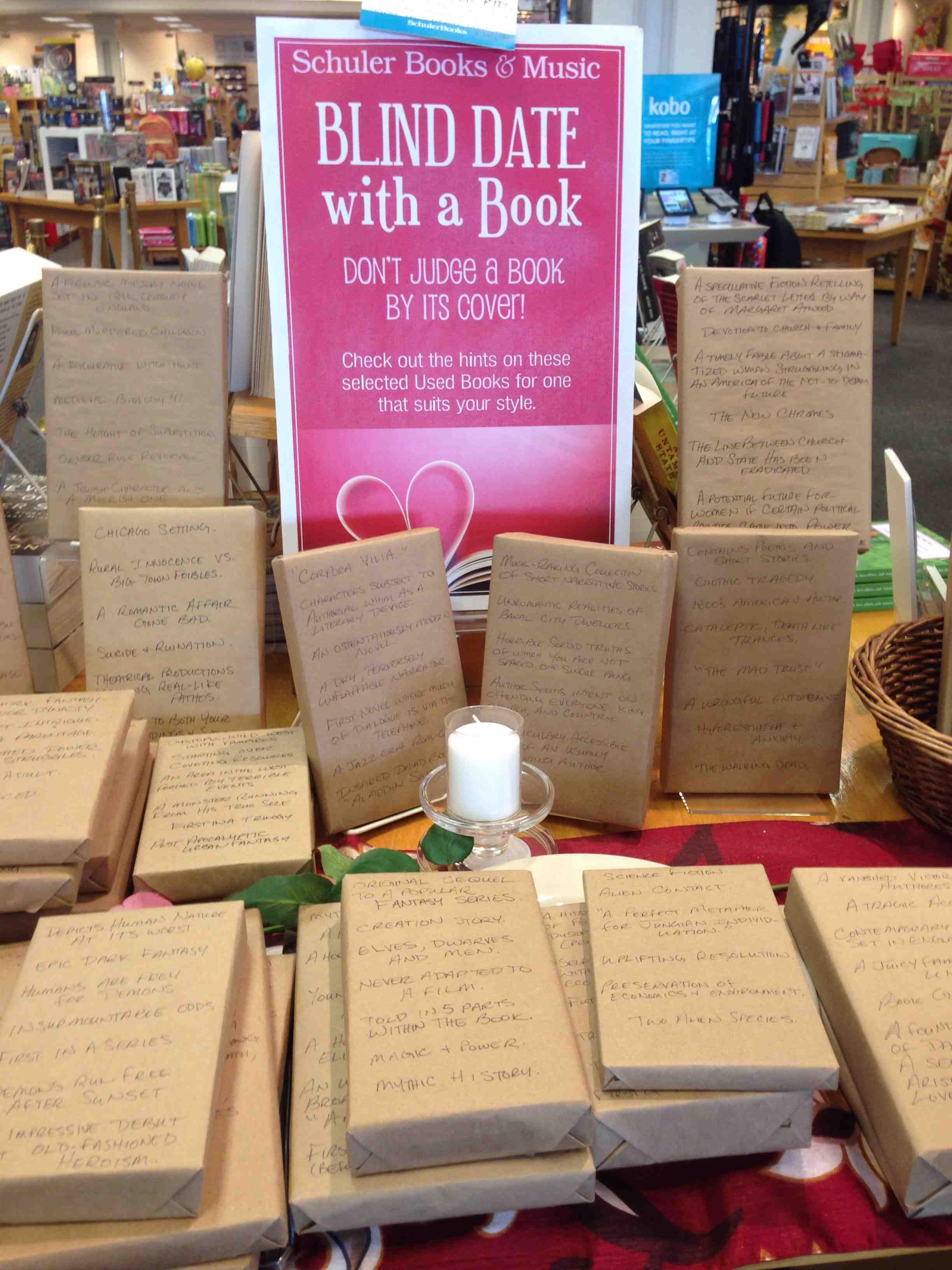 this bookstore has books wrapped on brown paper with hints written ...