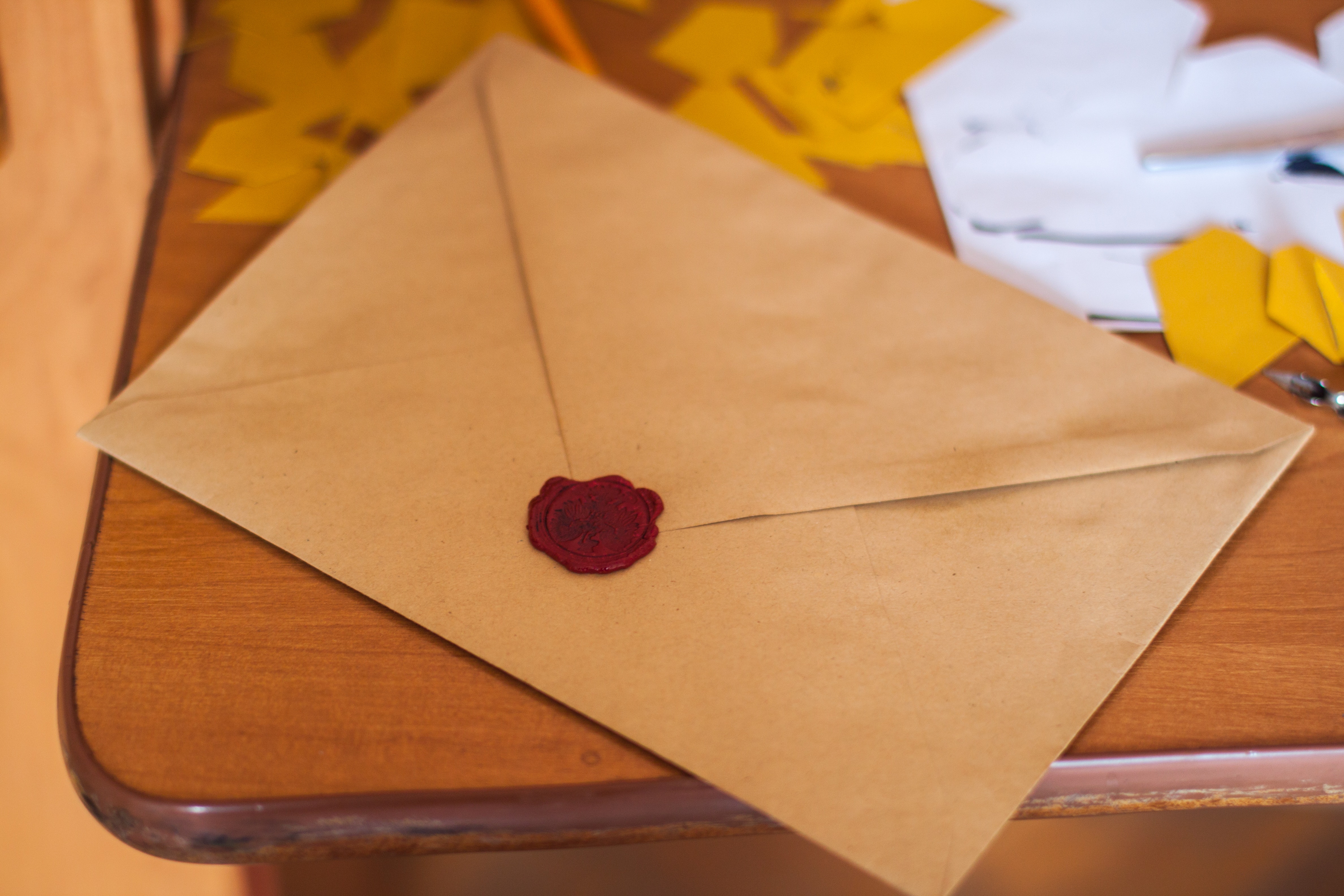 Brown Paper Envelope on Table, Paper, Writing, Wood, Wax, HQ Photo