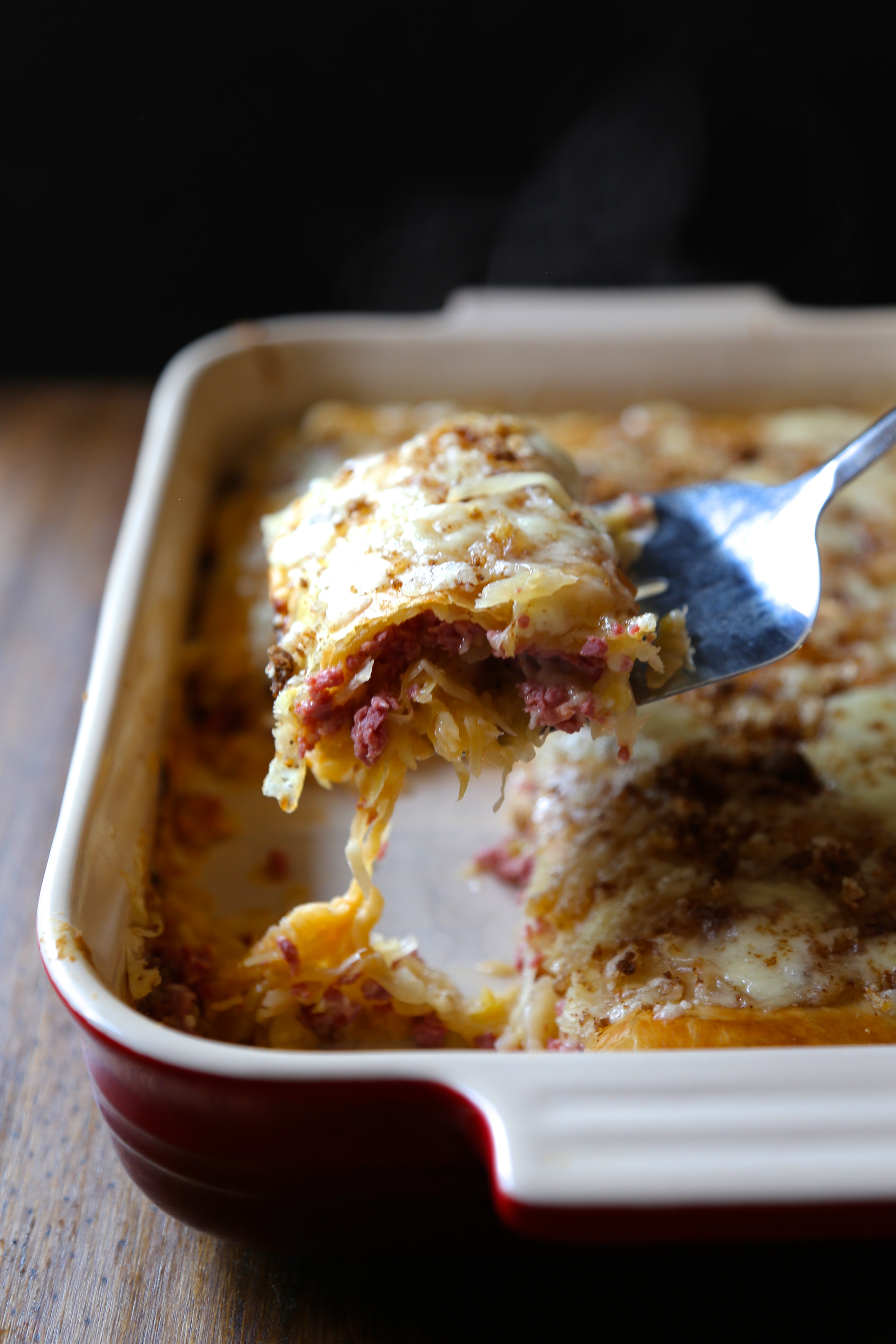 double layered puff pastry reuben casserole with brown butter rye ...