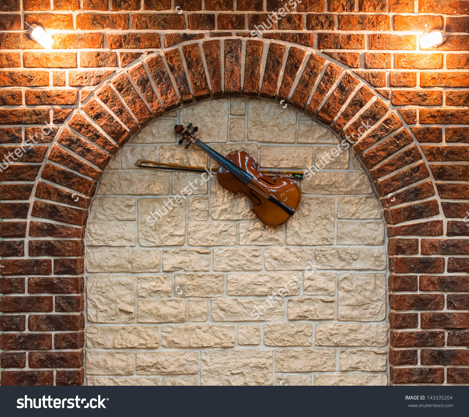 Element Of The Interior Stone Arch With A Violin On Wall Stock Save ...
