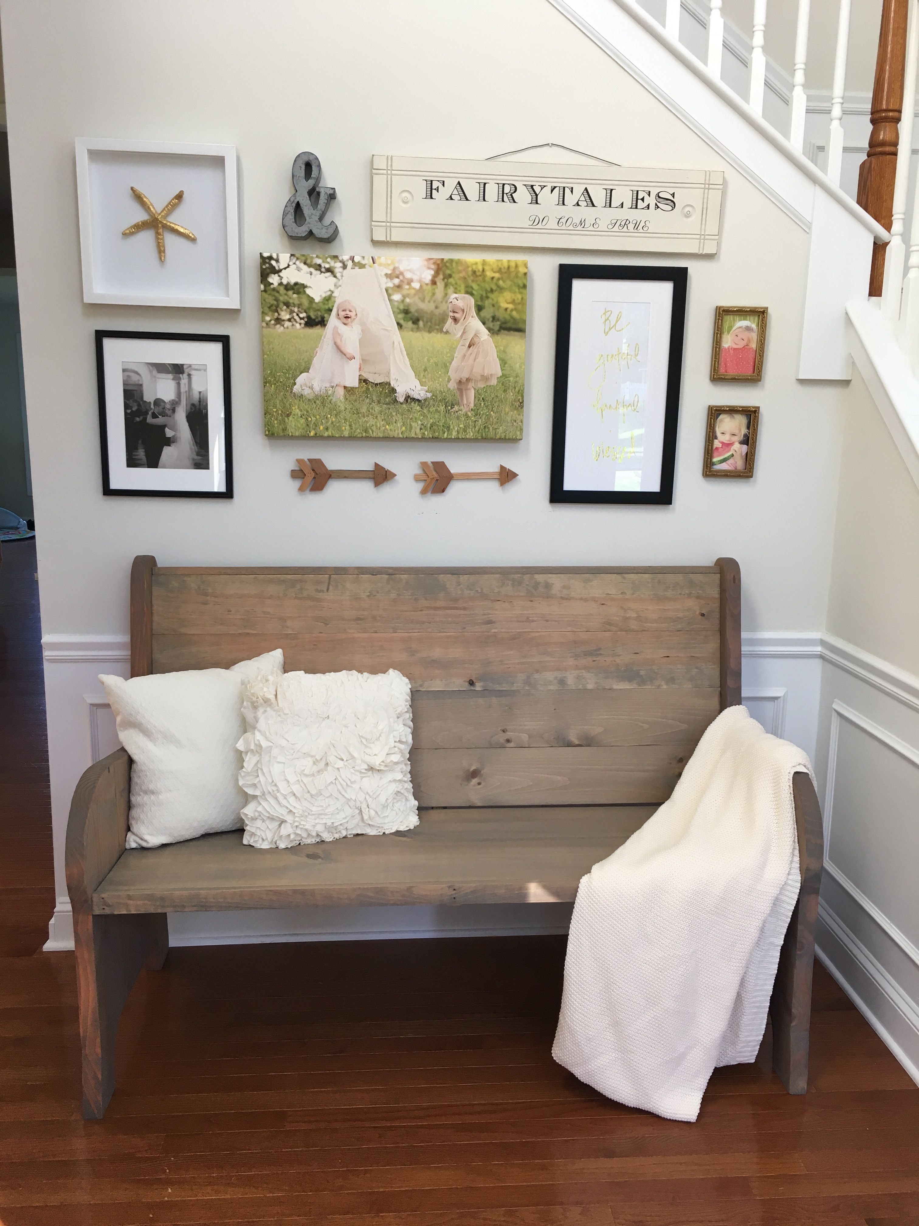 Entryway with church pew bench and gallery wall. | Crafty Time ...