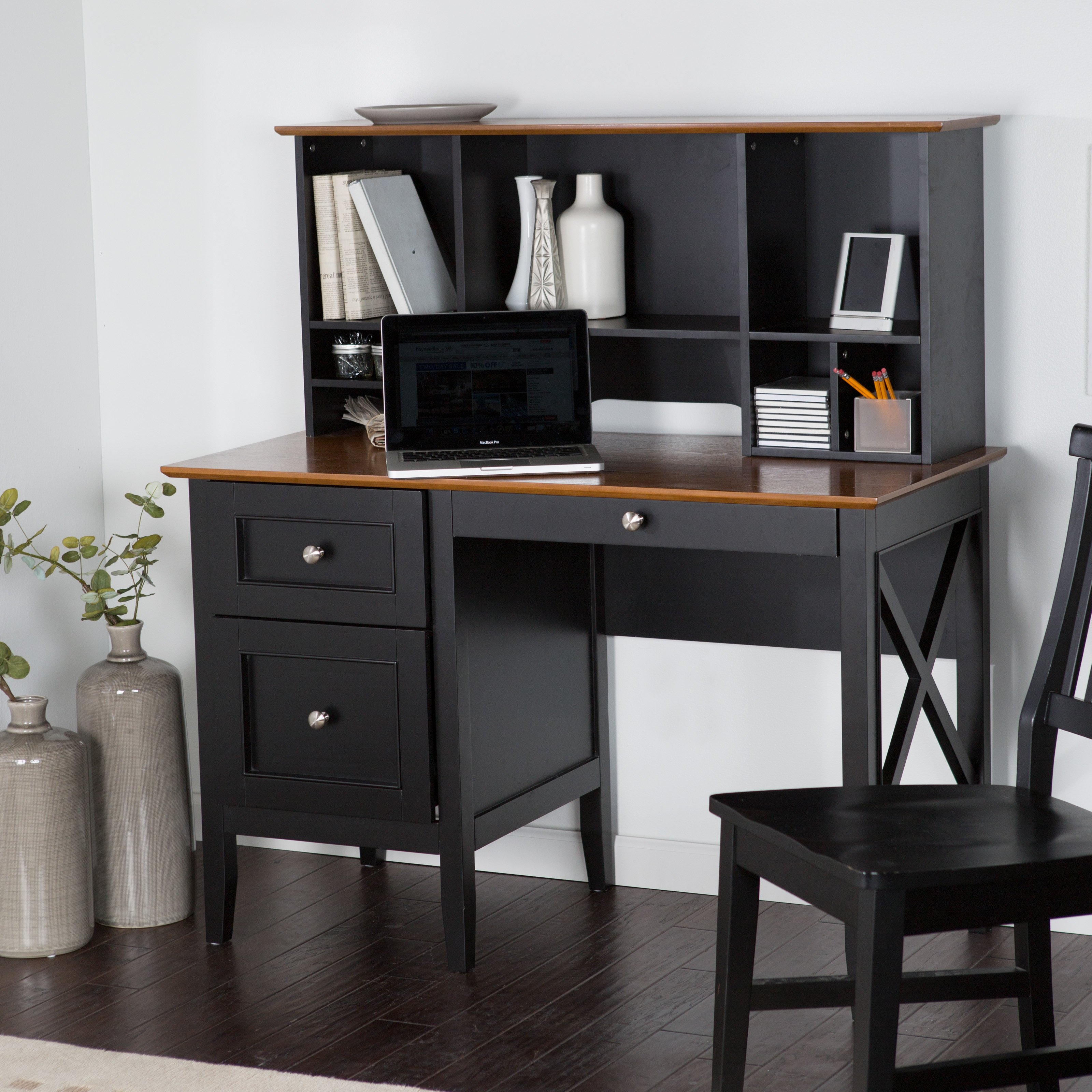 black wooden desk with shelf and drawers also brown wooden top plus ...