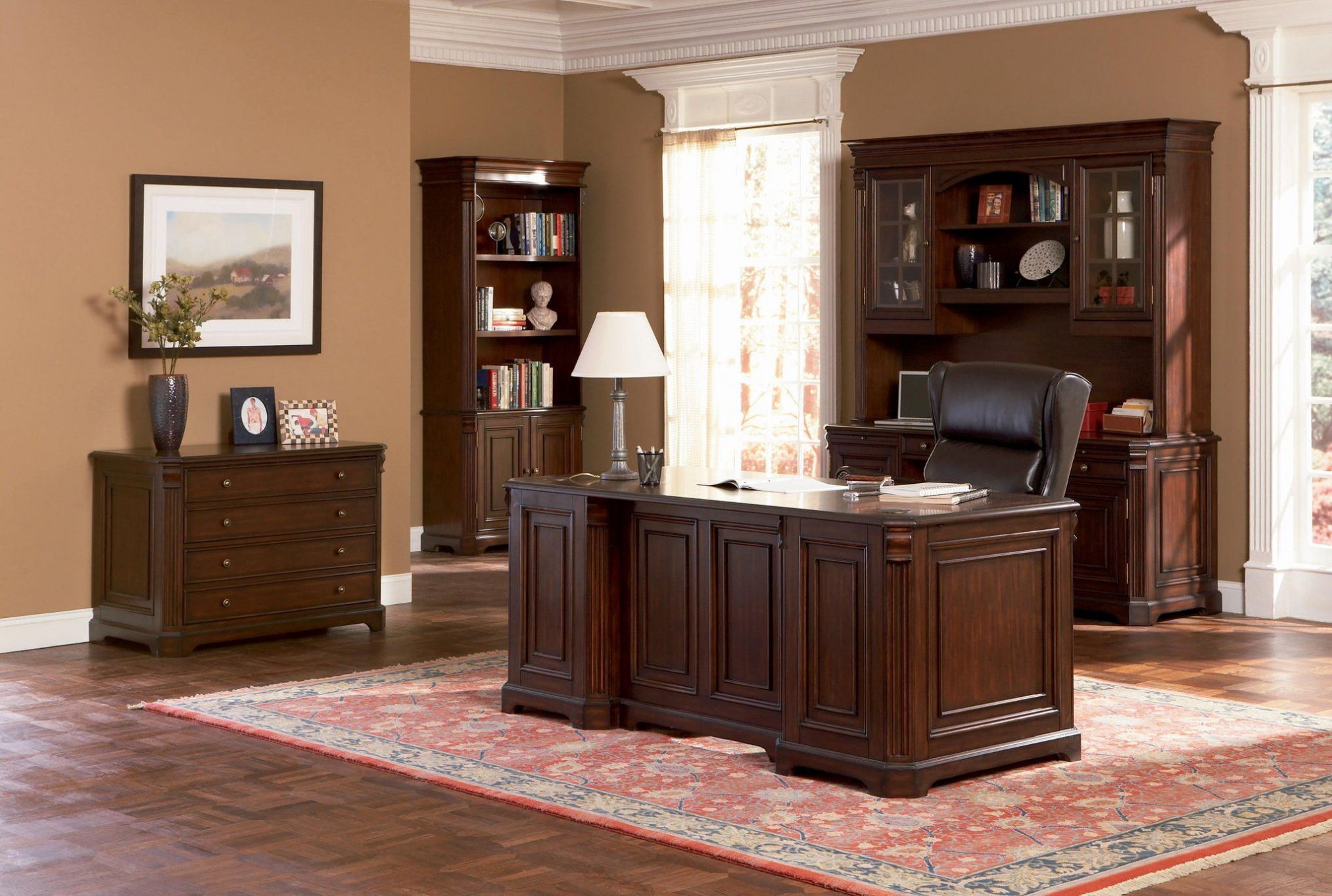 Brown Wood Desk Set – Classic Paneled Home Office Furniture Wooden ...