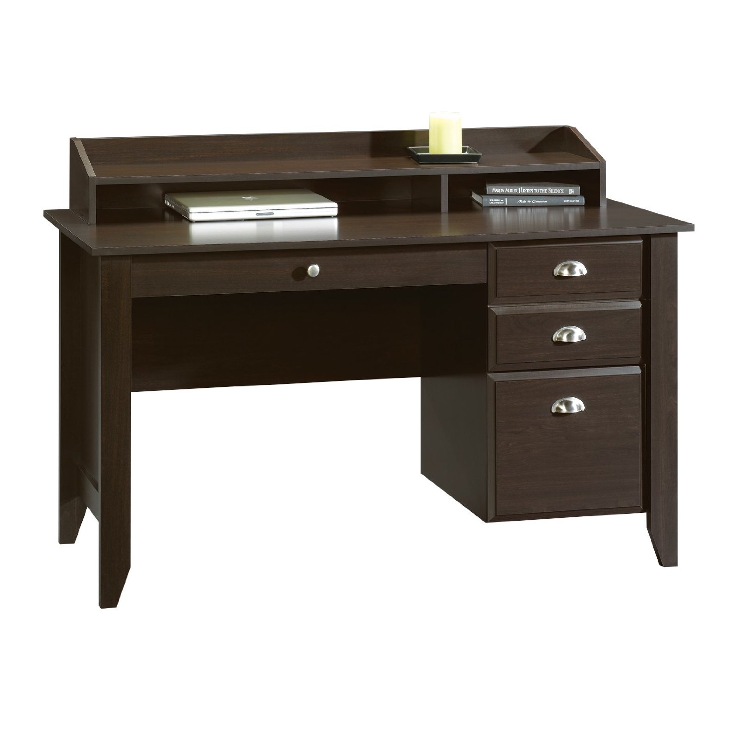Dark Brown Wooden Desk With Triple Drawers Combined With Shelves ...