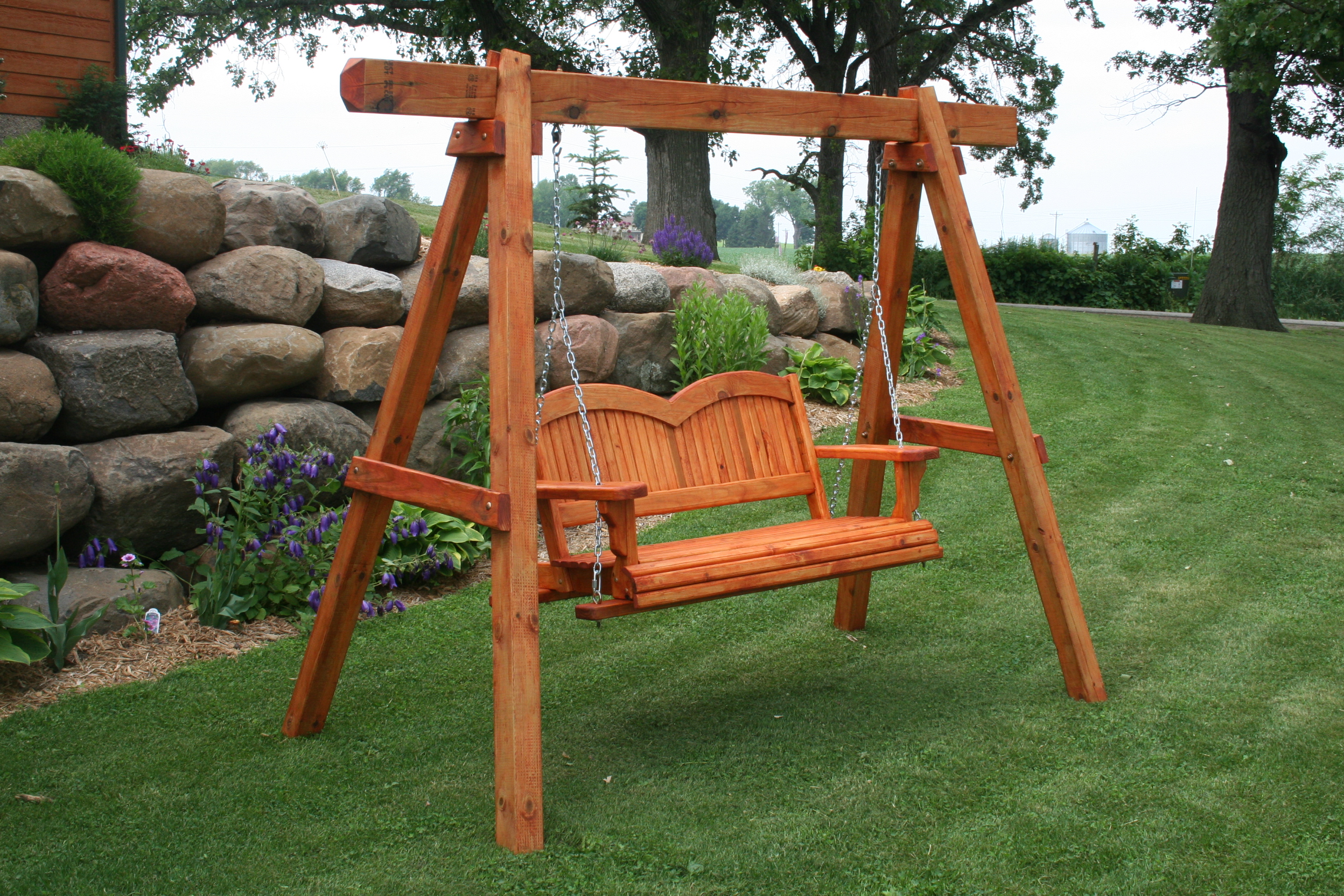 Natural Brown Wooden Porch Swing With Stand And Chain Suspenders For ...