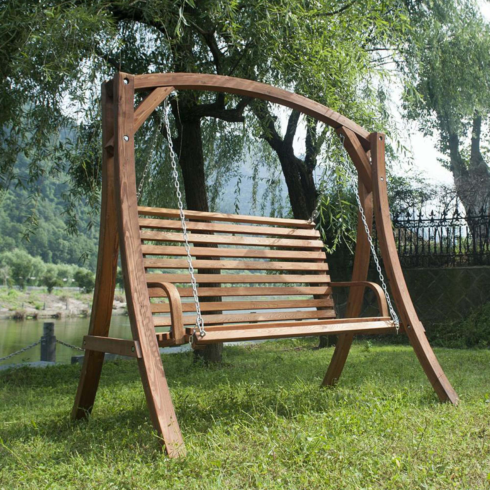 Exterior. Brown Wooden Swing A Frame With Chain And Wooden Seat Plus ...