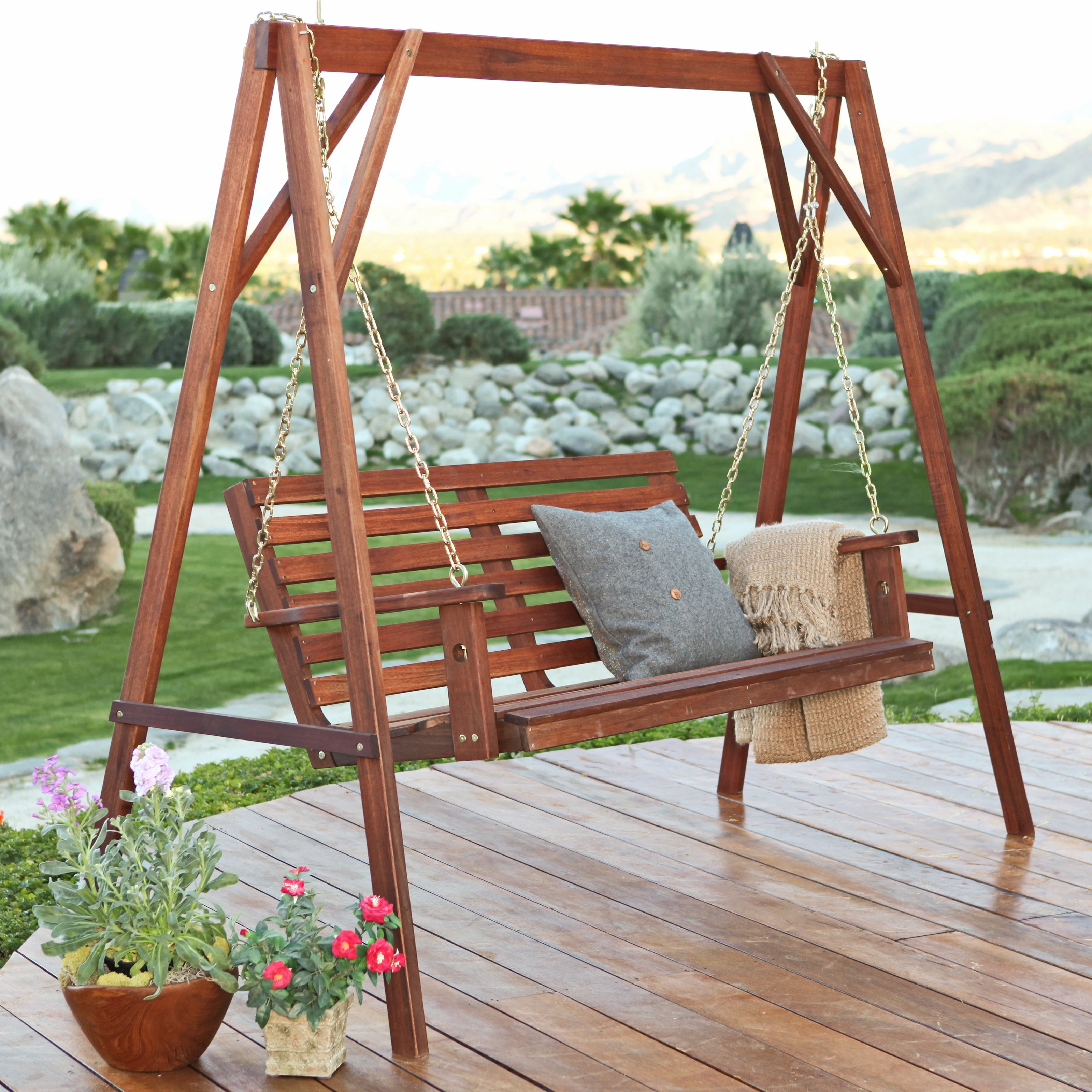 Exterior. Brown Wooden Swing A Frame With Chain And Wooden Seat Plus ...