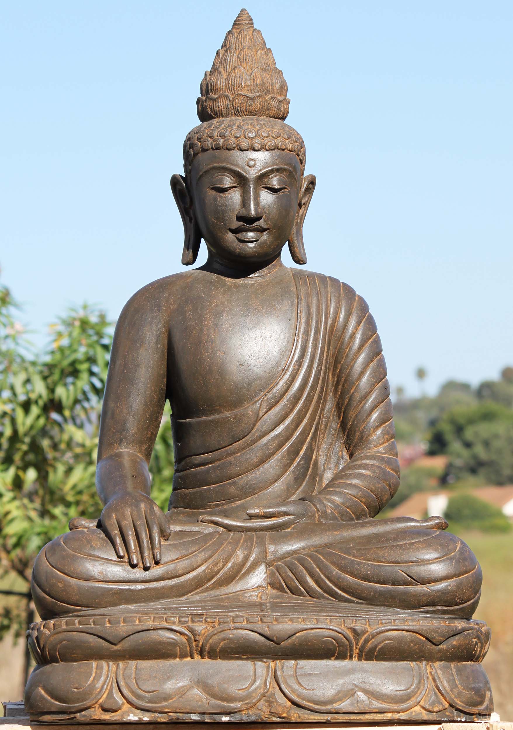 Stone Peaceful Buddha Statue with Lotus Finial 39
