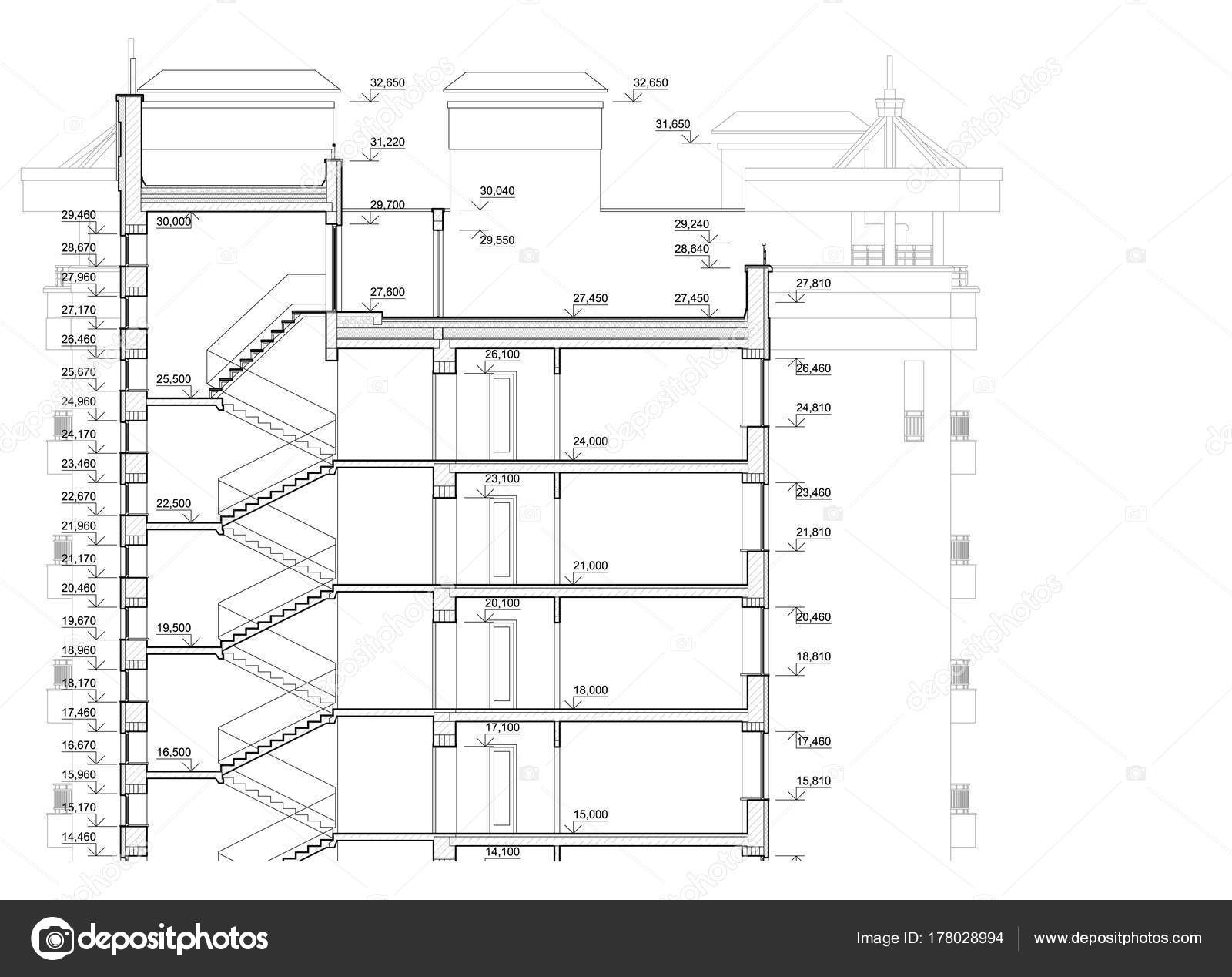 Detailed Architectural Plan Multistory Building Cross Section View ...