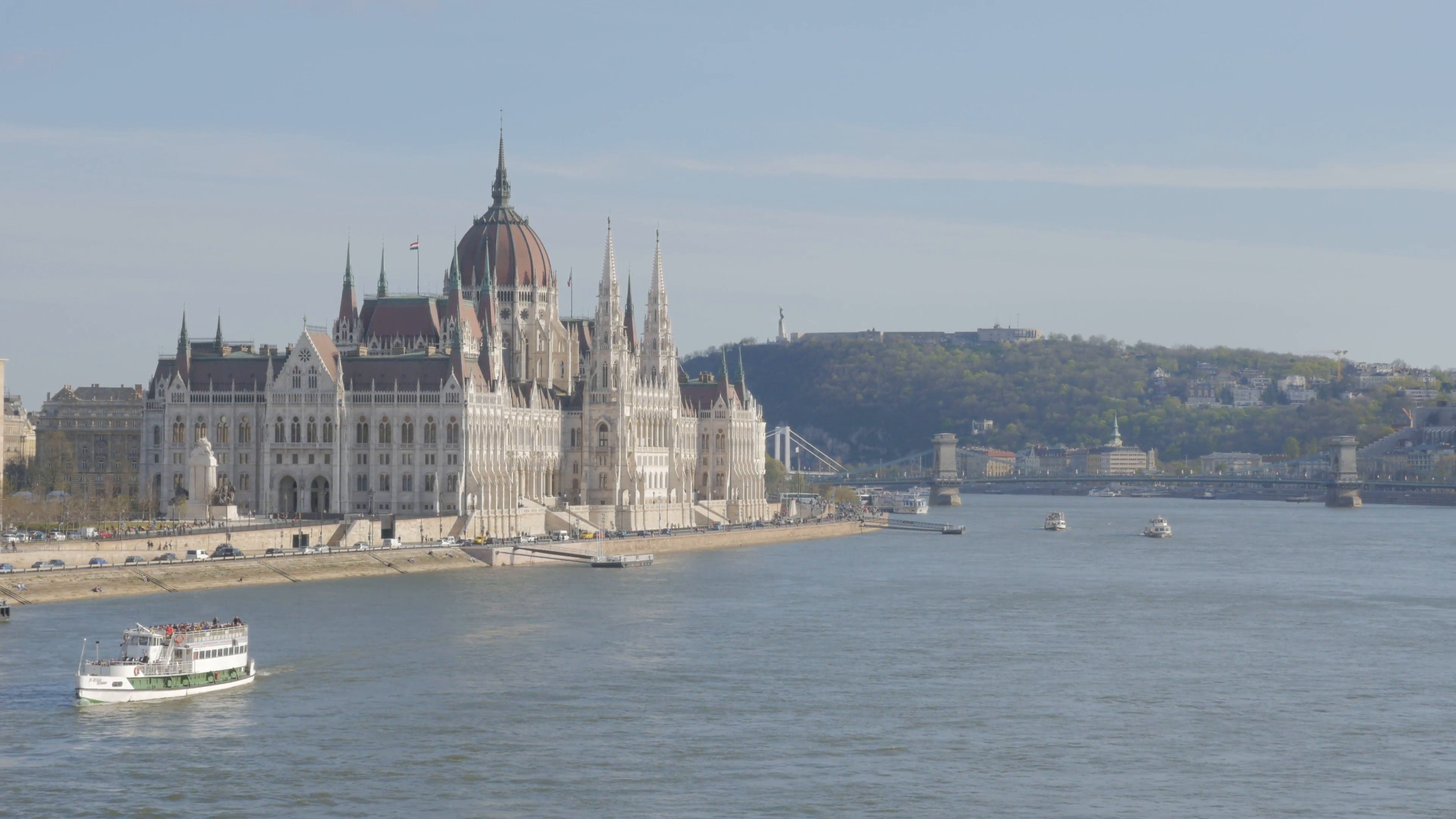 Hungarian parliament building located on river Danube banks 4K ...