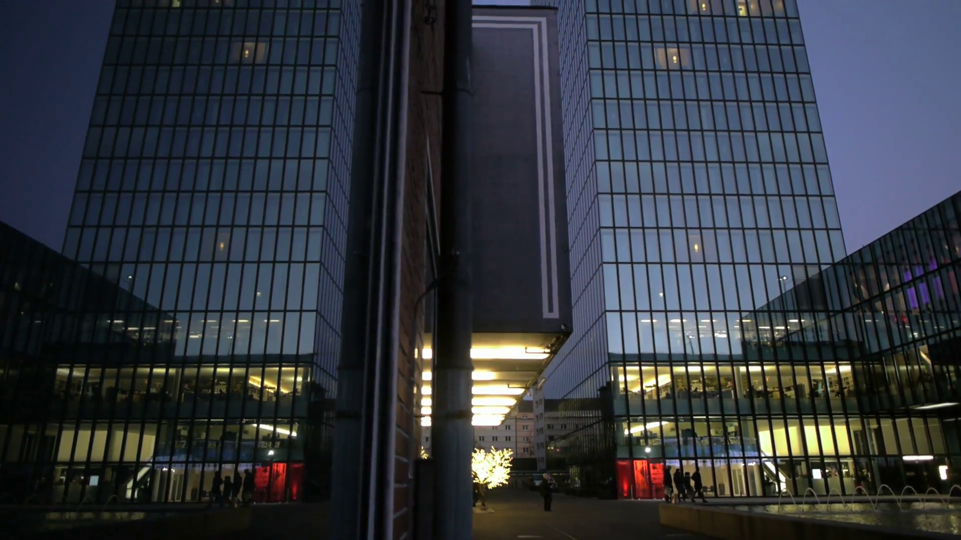modern glass tower building. mirror reflection. night lights Stock ...