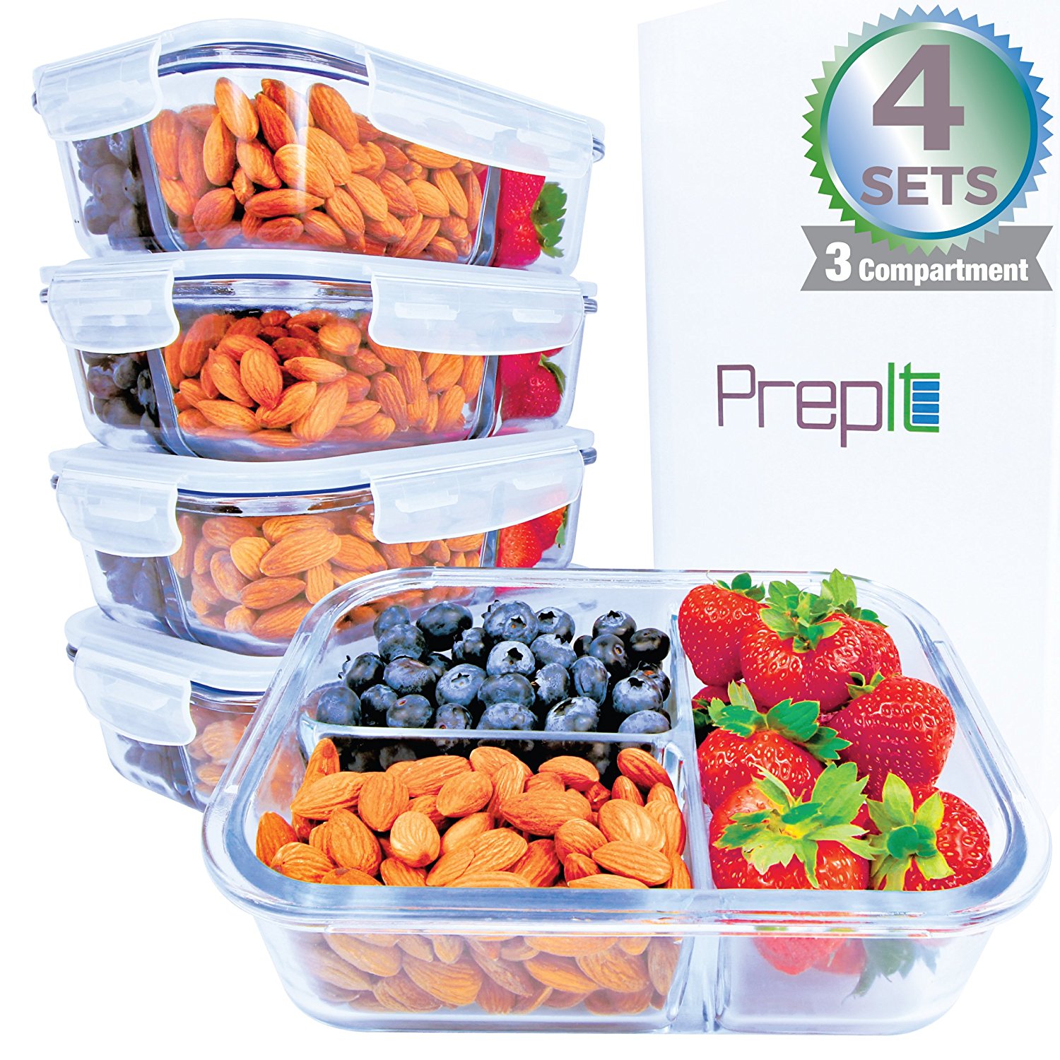 Amazon.com: [34oz, 4-Pack Premium] Glass Meal Prep Containers 3 ...