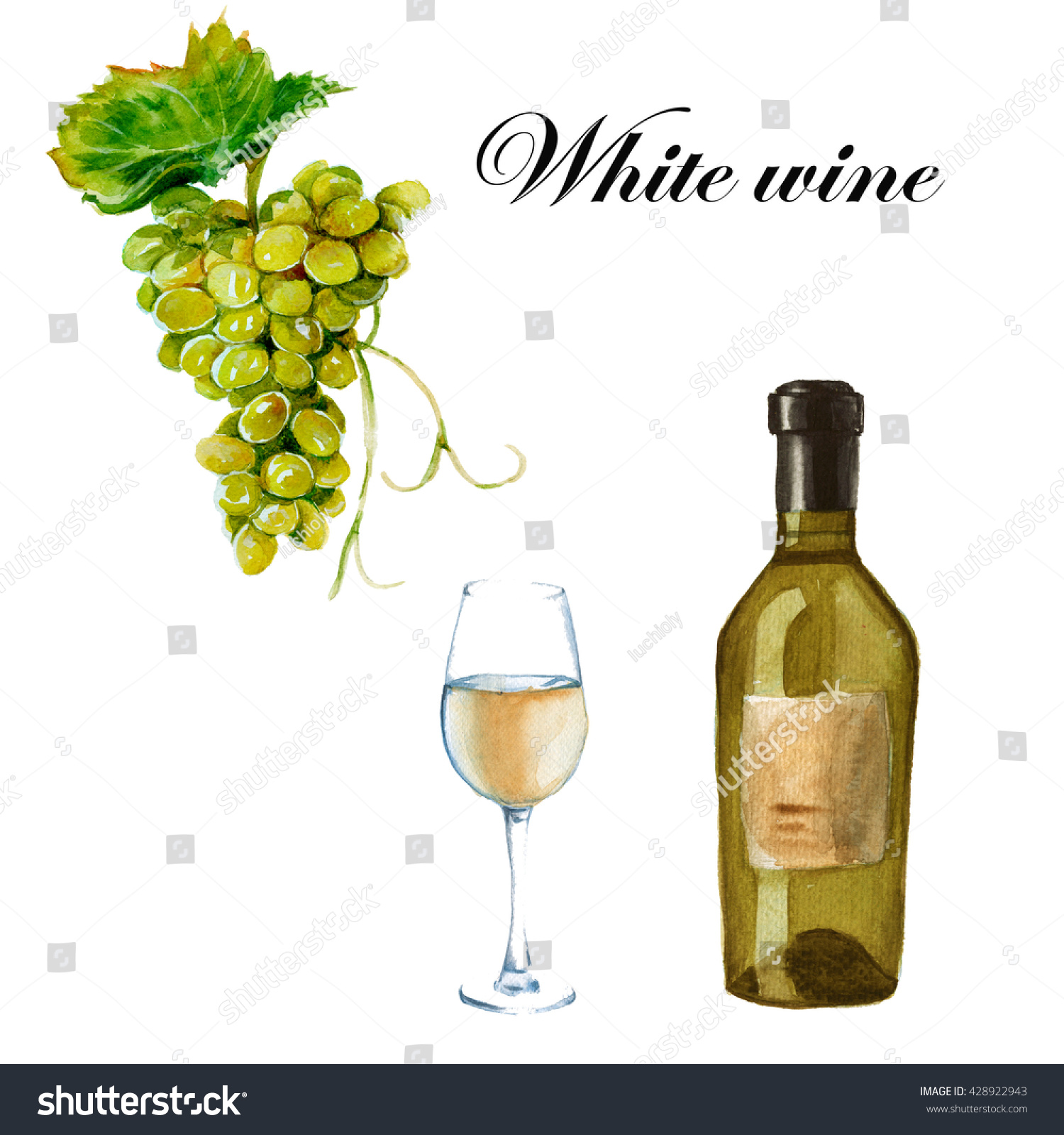 White Wine Bottle Glass Wine Bunch Stock Illustration 428922943 ...