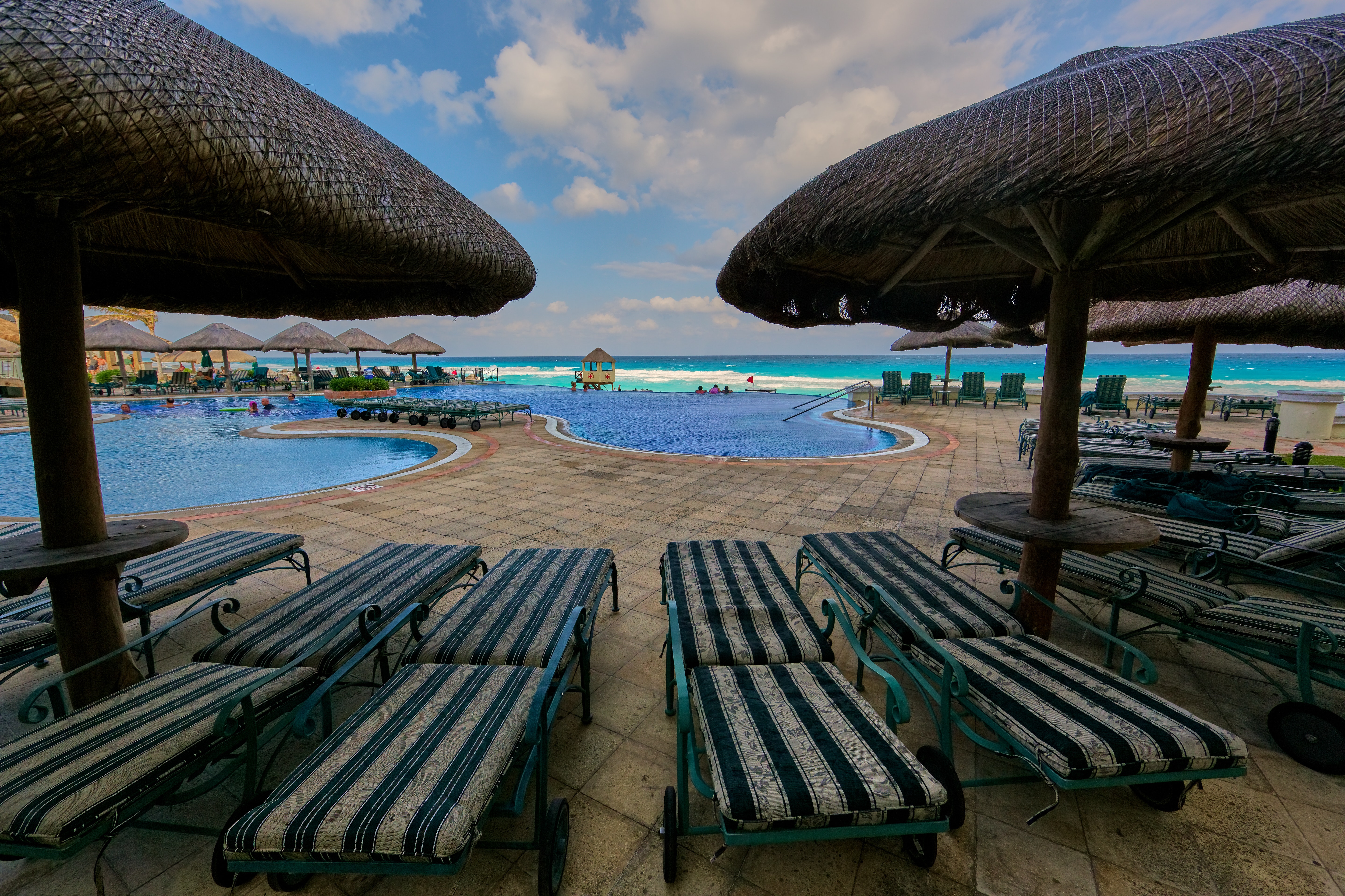 Bunch of Sun Lounger Near Pool, Beach, Resort, Vacation, Tropical, HQ Photo