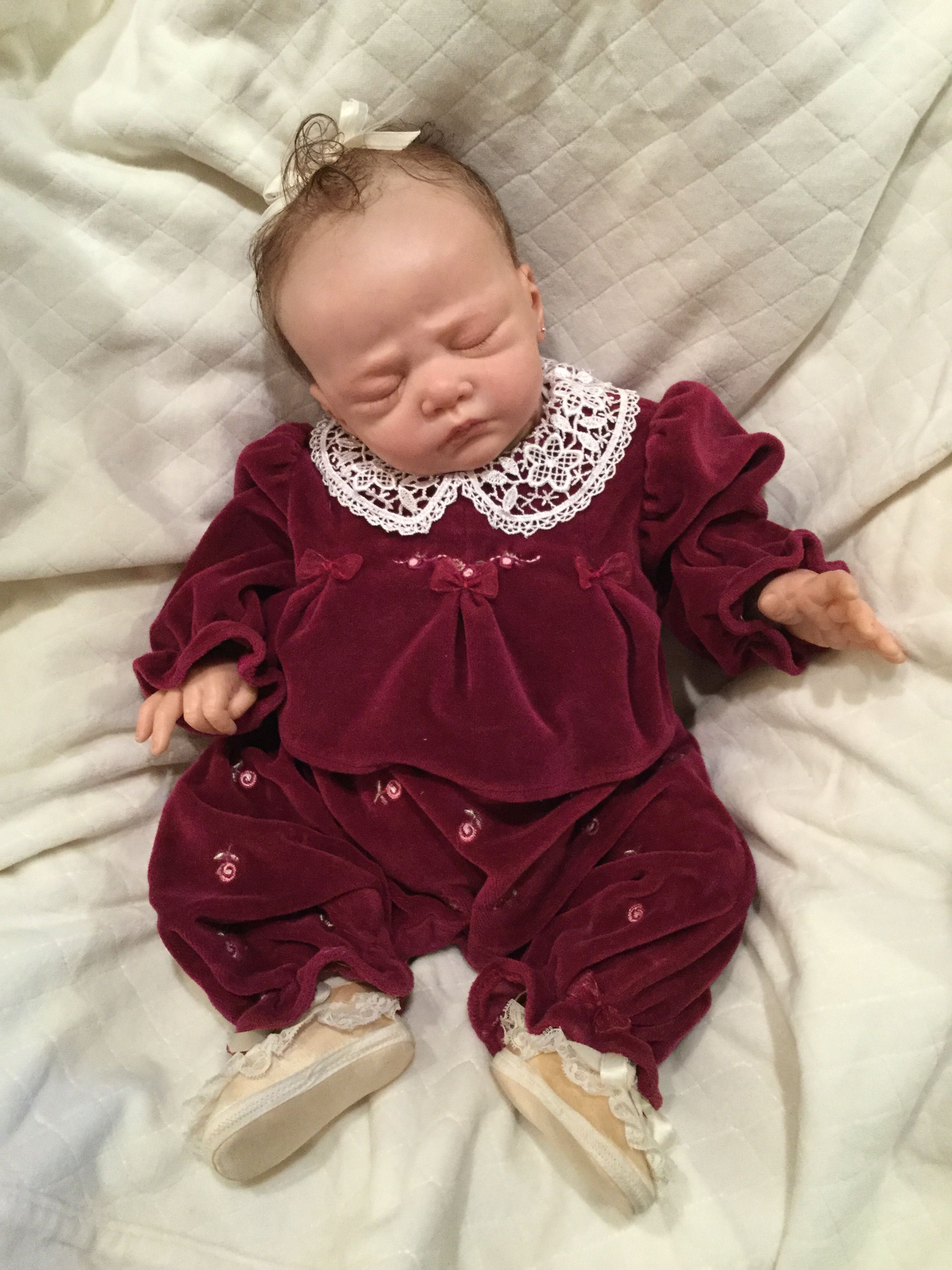 Lillie Beth, reborn baby doll, in vintage burgundy velour romper and ...