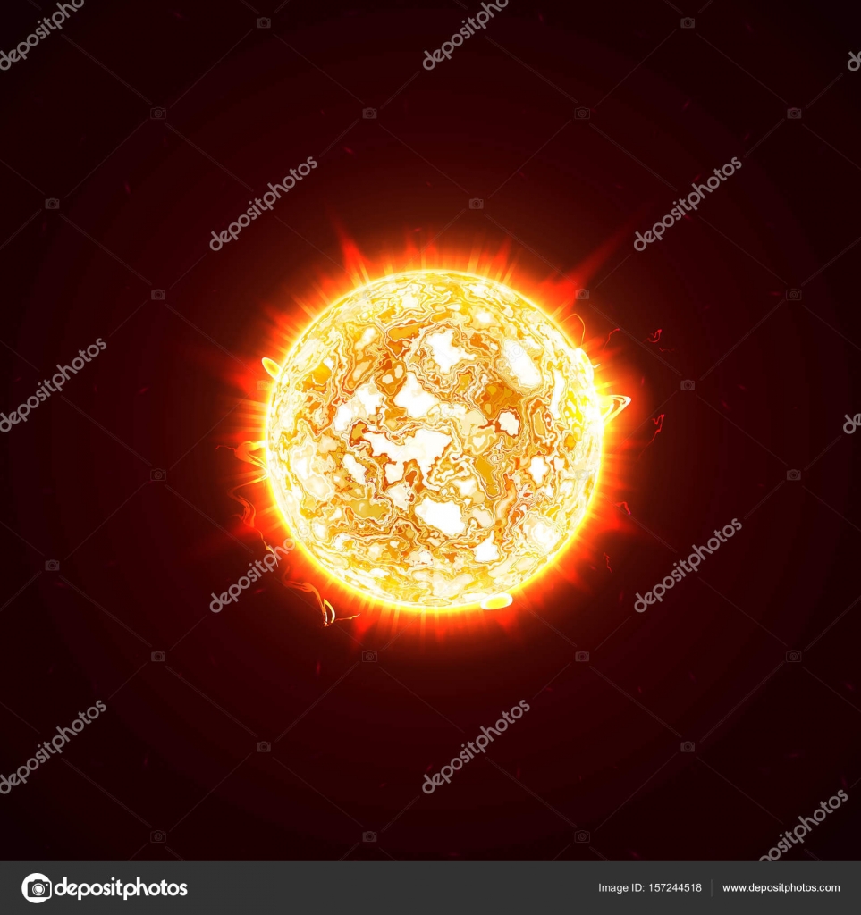 Burning realistic 3D sun, flashes, glare, flare, sparks, flames ...