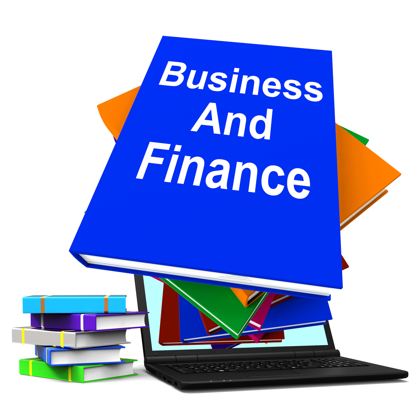 Business and finance book stack laptop shows businesses finances photo