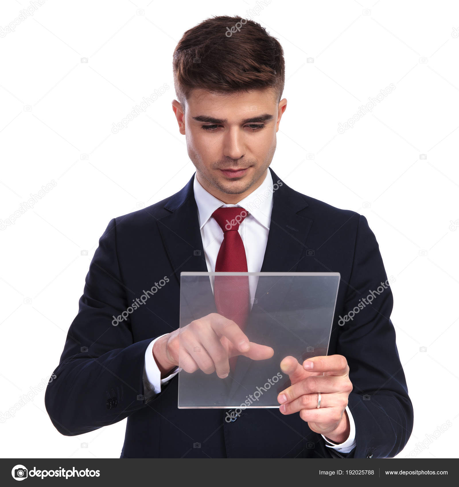 portrait of businessman tapping on a futuristic tablet — Stock Photo ...