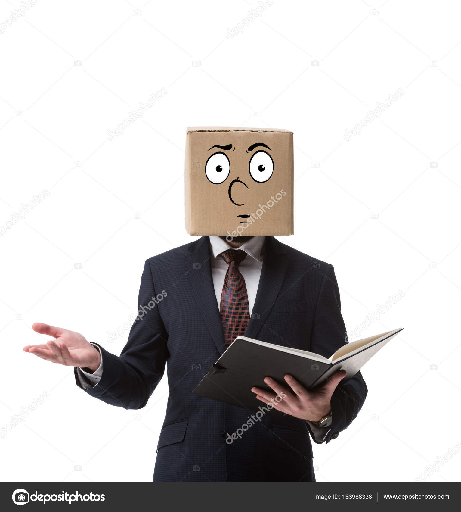 Businessman Cardboard Box Head Holding Documents Folder Isolated ...