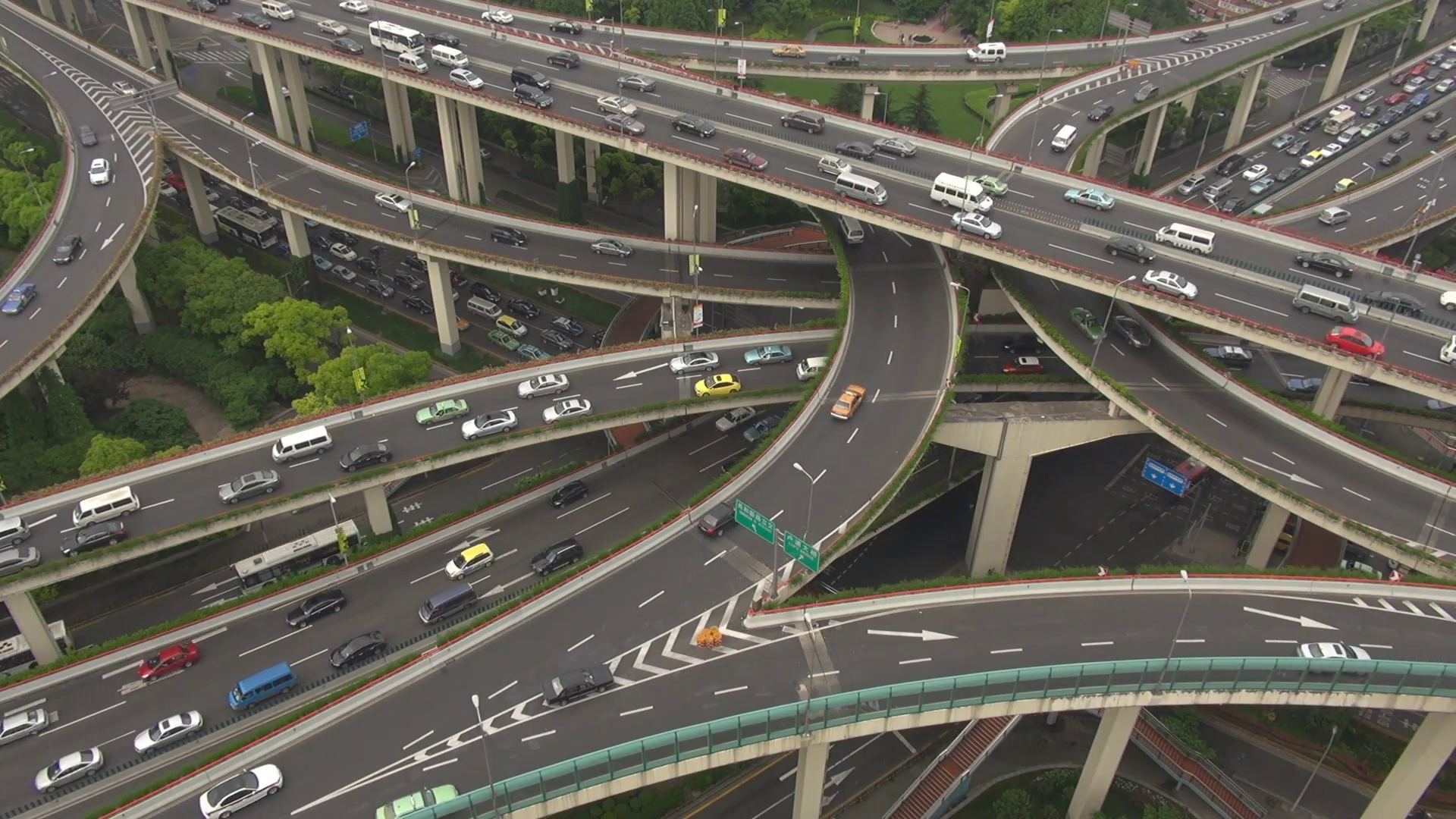 Aerial view busy highway Shanghai infrastructure suspended freeway ...