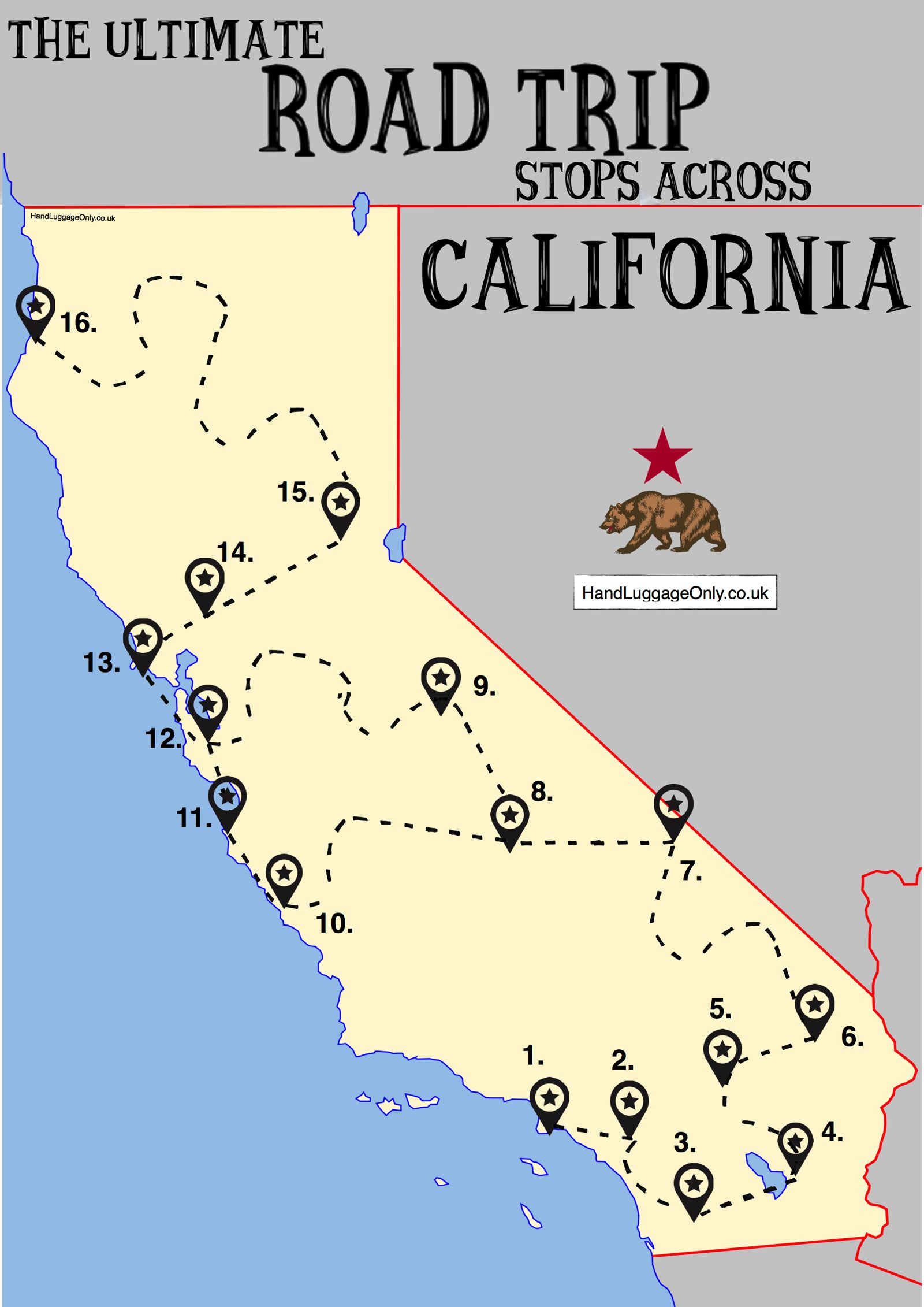 The Ultimate Road Trip Map Of Places To See In California - Hand ...