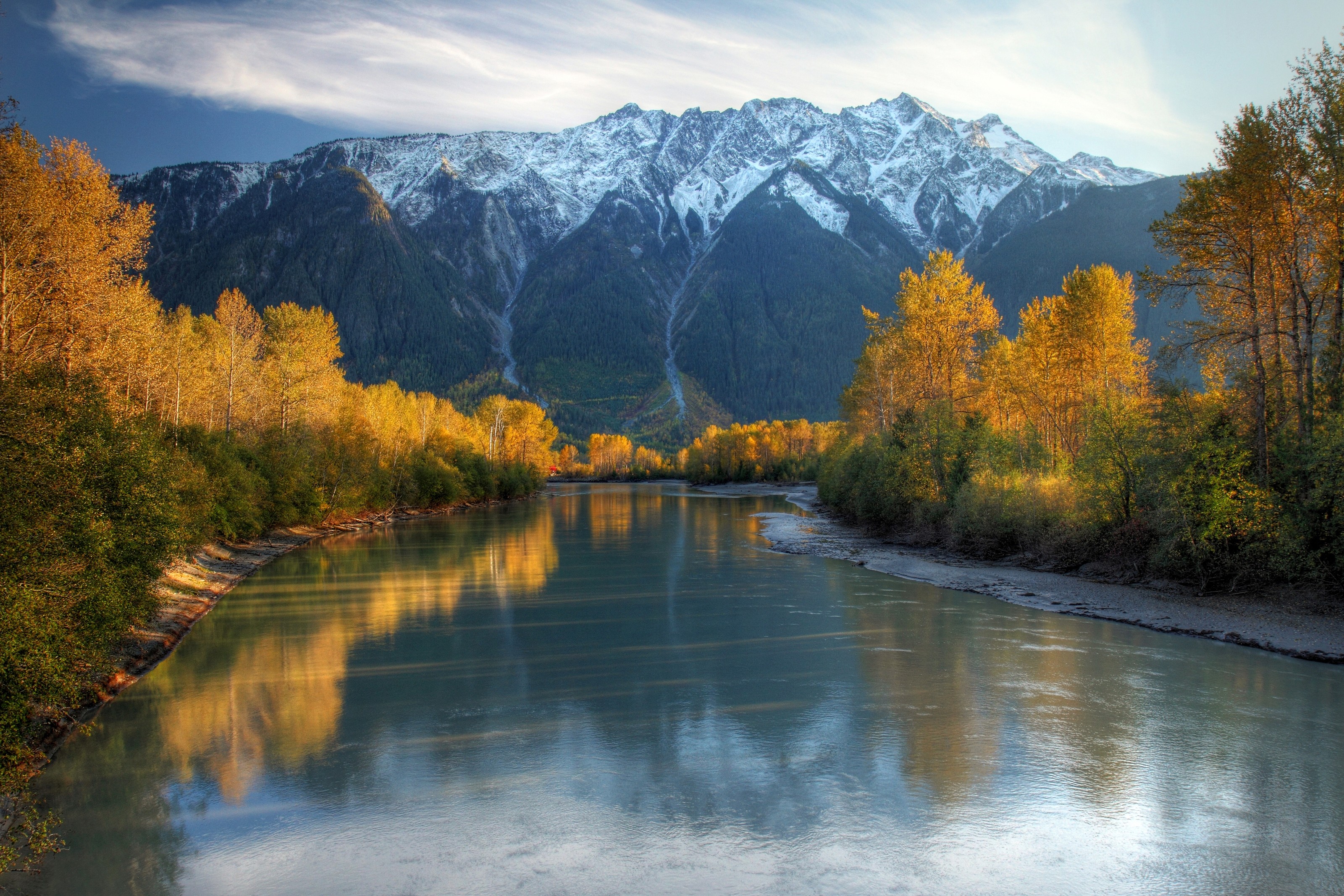 Rivers: Beautiful Forest Trees Mountains River Golden Calm Snow ...