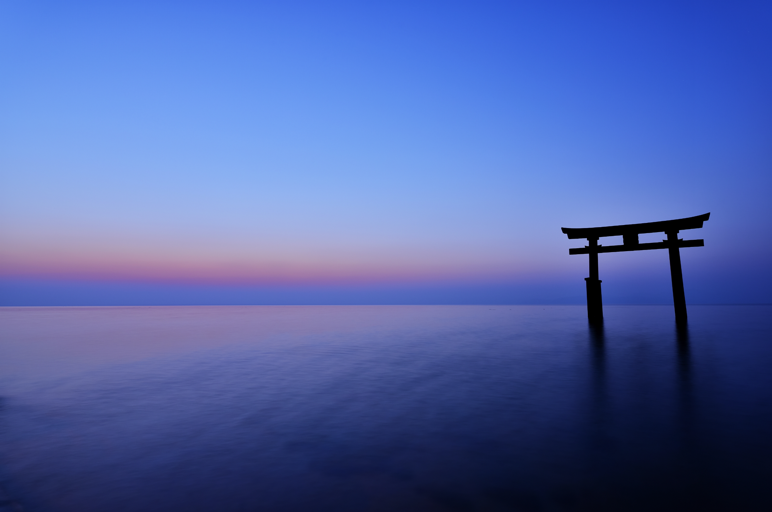 Japan the arch night sunset horizon sea ocean calm sky blue gate ...