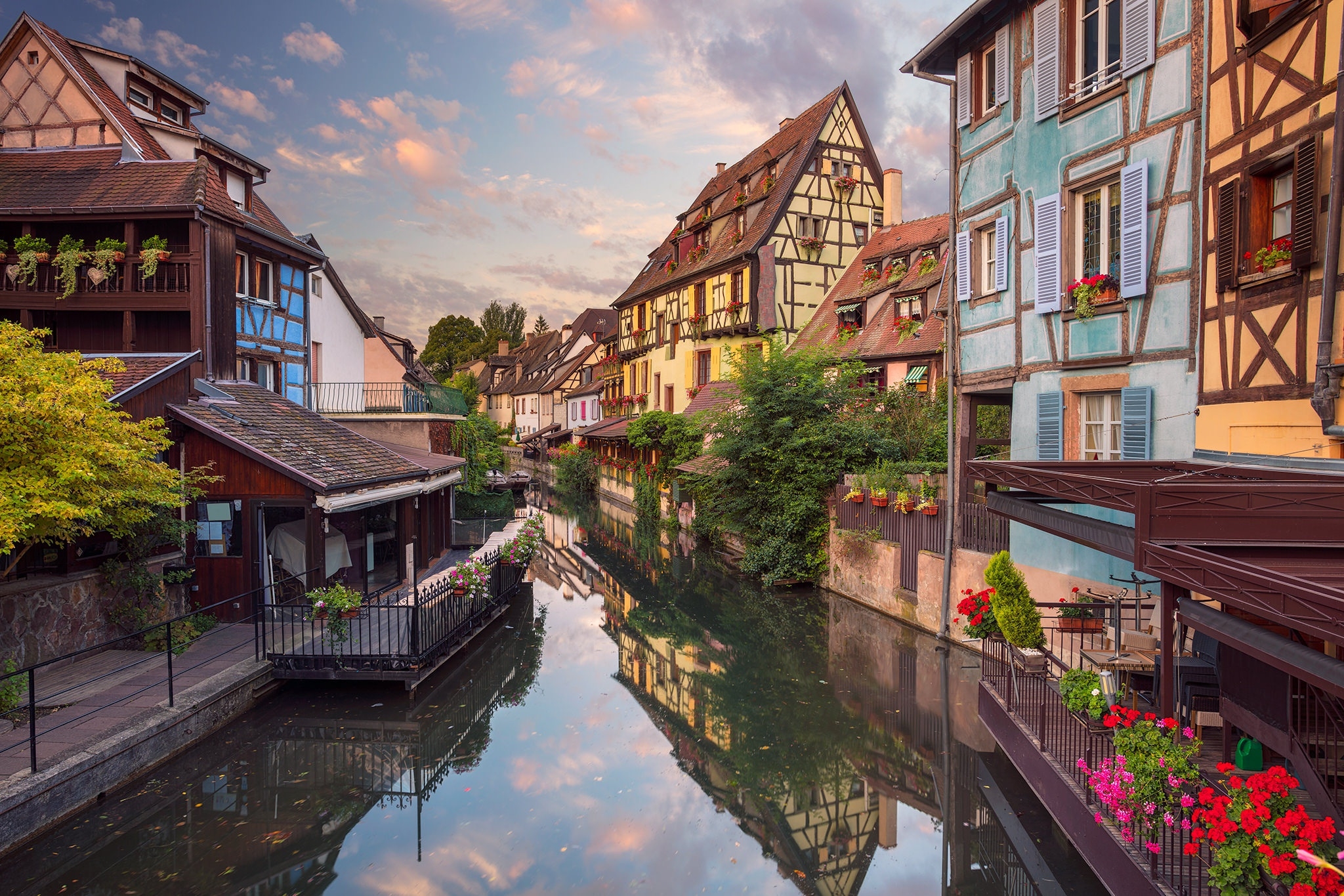 Wallpaper flowers, canal, reflection, France, houses, Colmar » City ...