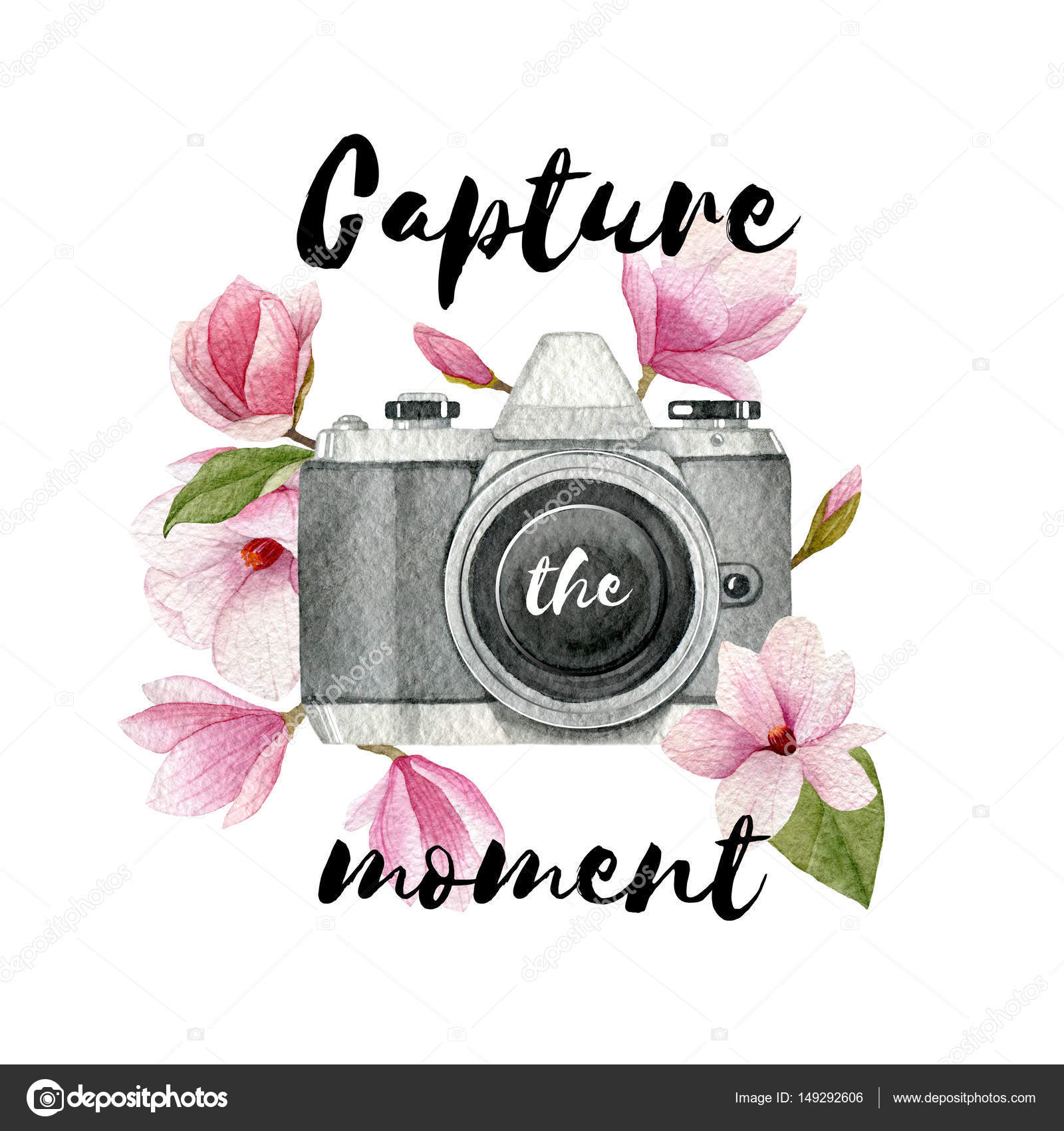 Capture the moment. Watercolor vintage photo camera and magnolia ...