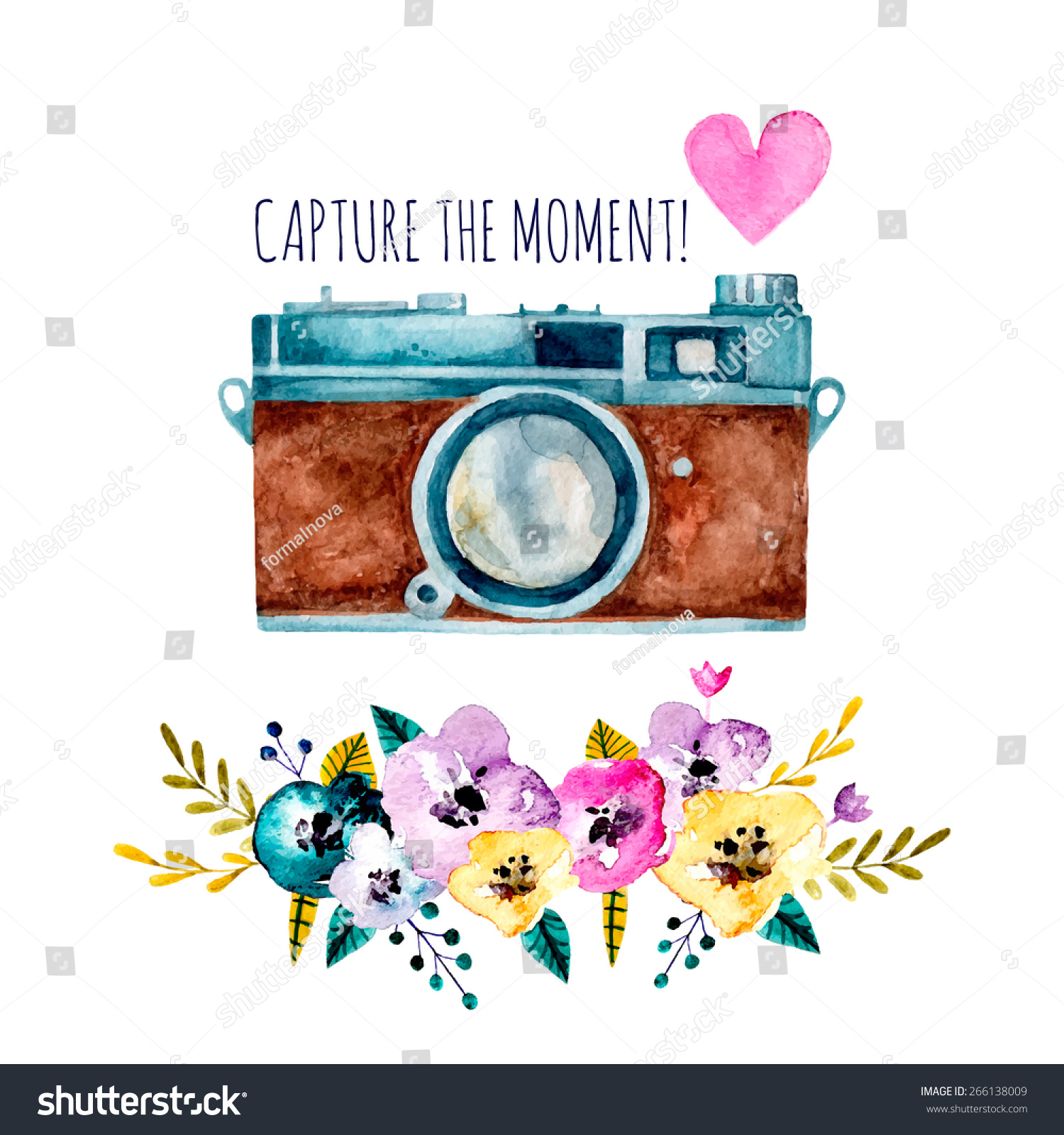 Capture Moment Vintage Watercolor Camera Flowers Stock Photo (Photo ...