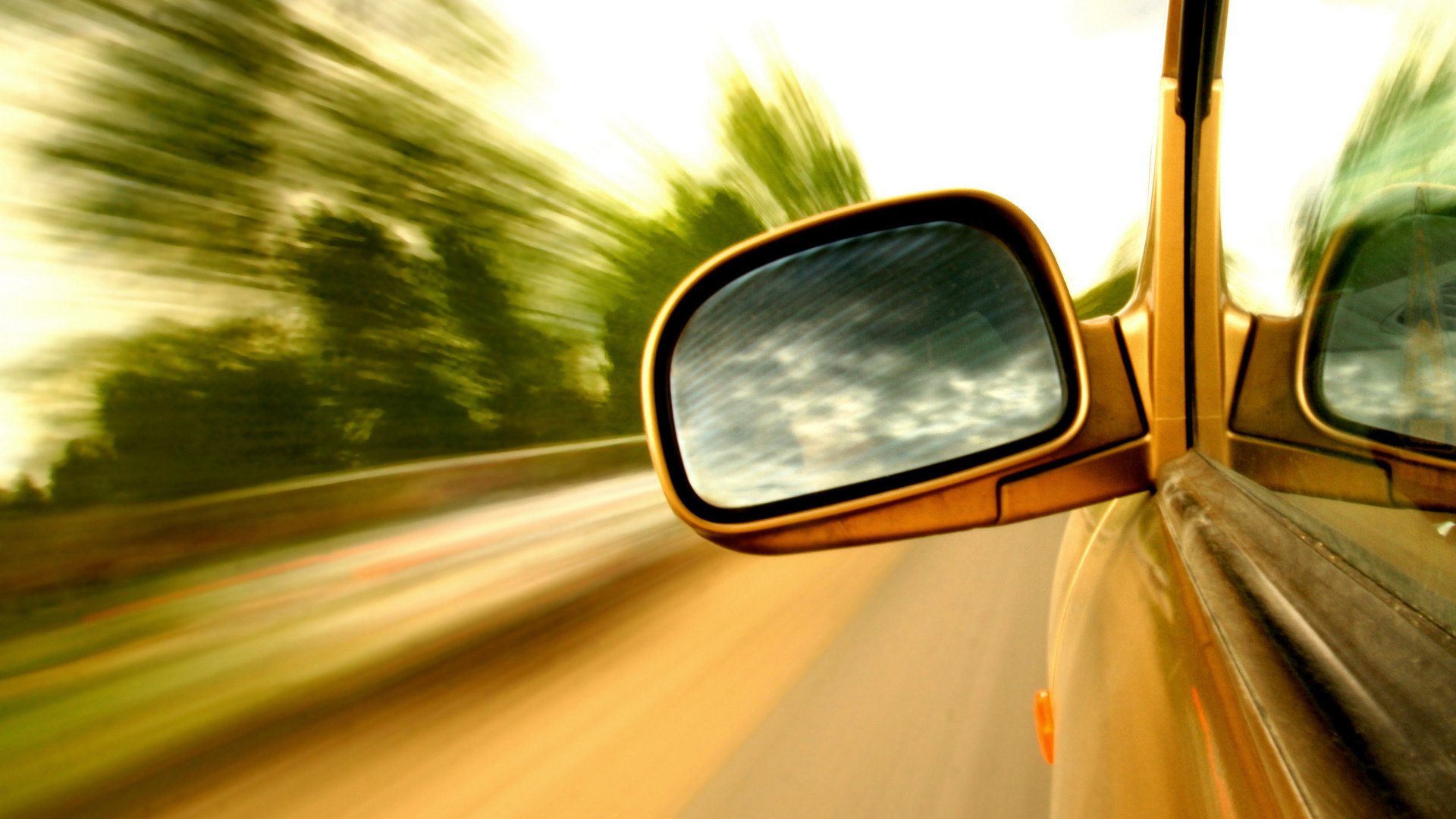 mirror, Car, Side view, Reflection, Clouds, Road, Lines, Motion blur ...
