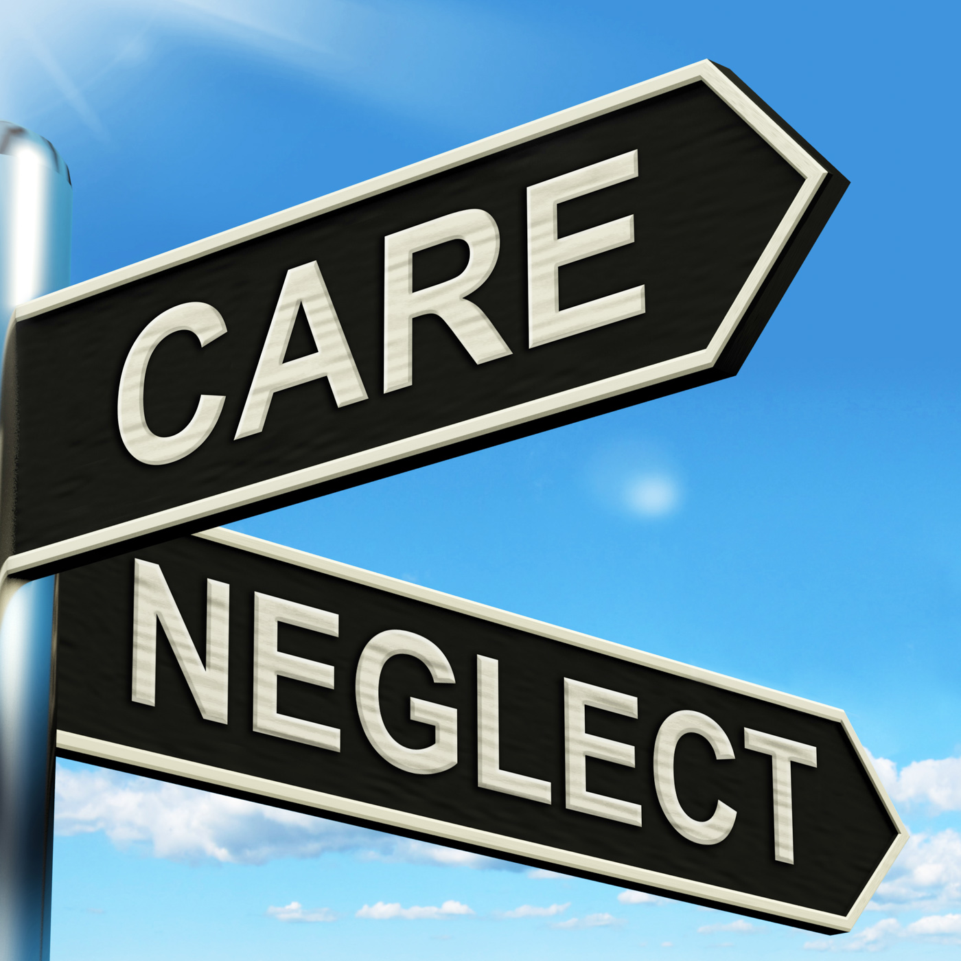 Care neglect signpost shows caring or negligent photo