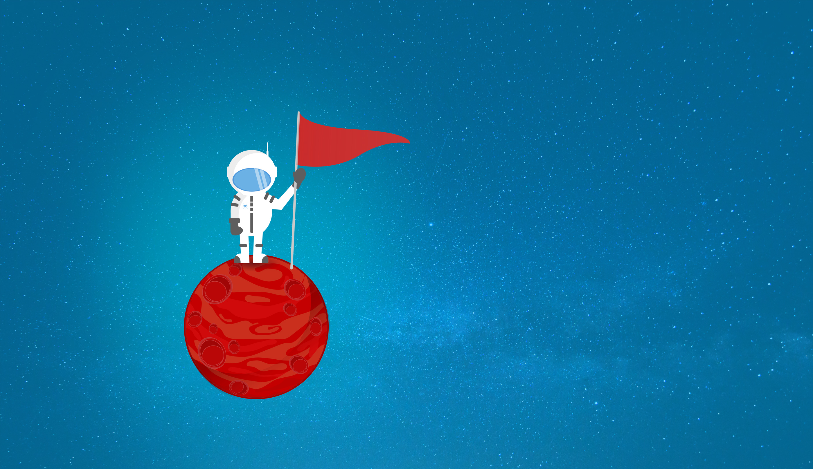 Cartoon Astronaut on a Planet Holding a Flag - With Copyspace, Alien, Planets, Science, Scene, HQ Photo