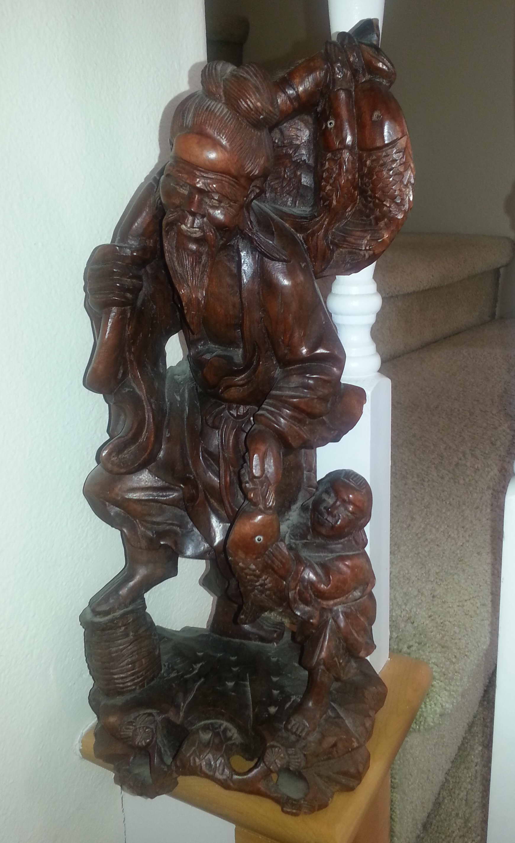 GONE TO A NEW HOME! Antique carved Chinese fisherman and boy ...