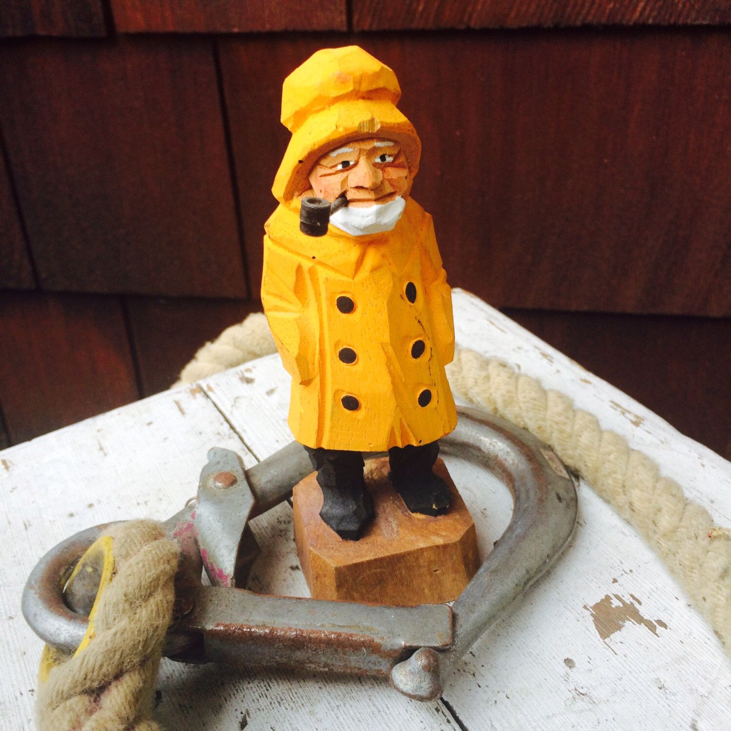 Yellow Fisherman, Wood Carved Sea Captain with Pipe, Nautical Décor ...