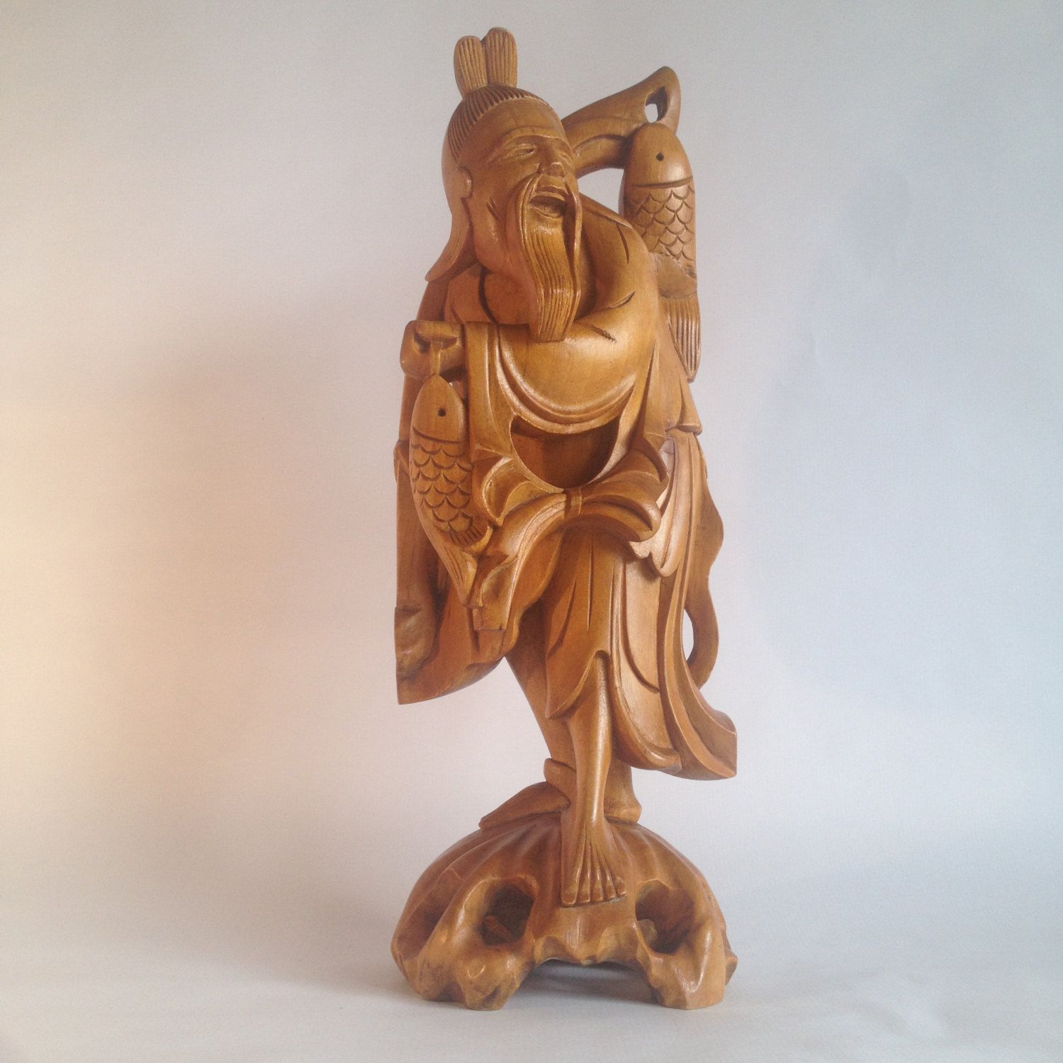 Vintage hand carved wooden Chinese Fisherman sculpture. by ...