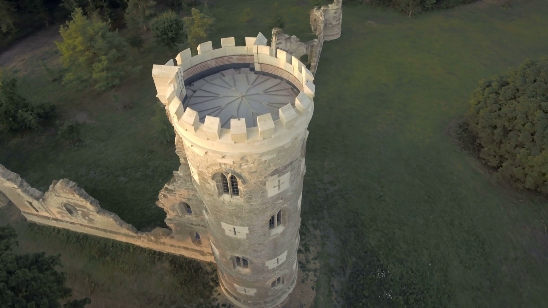 Pan around tower of medieval ancient castle ruins, aerial view Stock ...