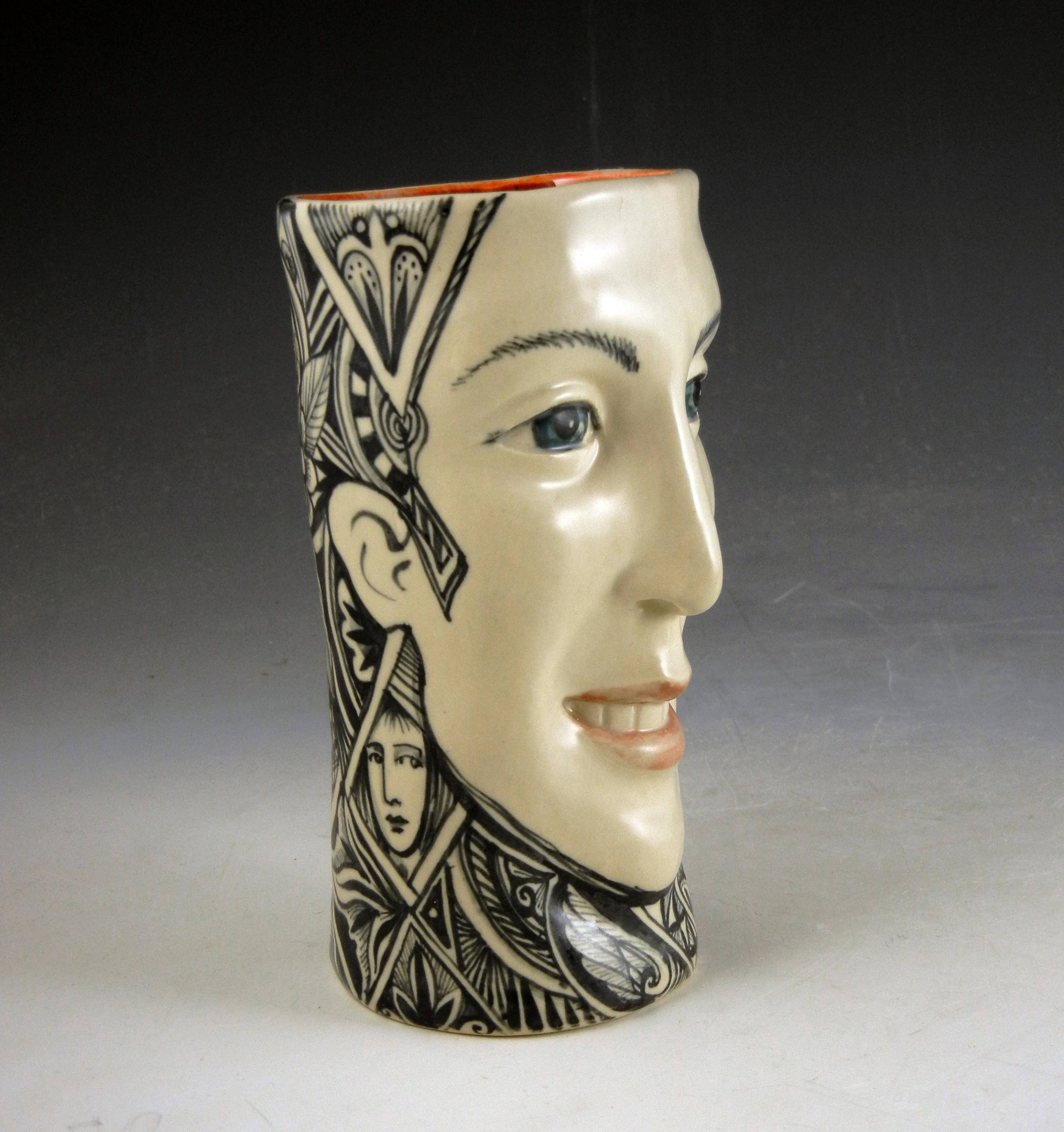 Face vase smiling black and white ceramic one of a kind