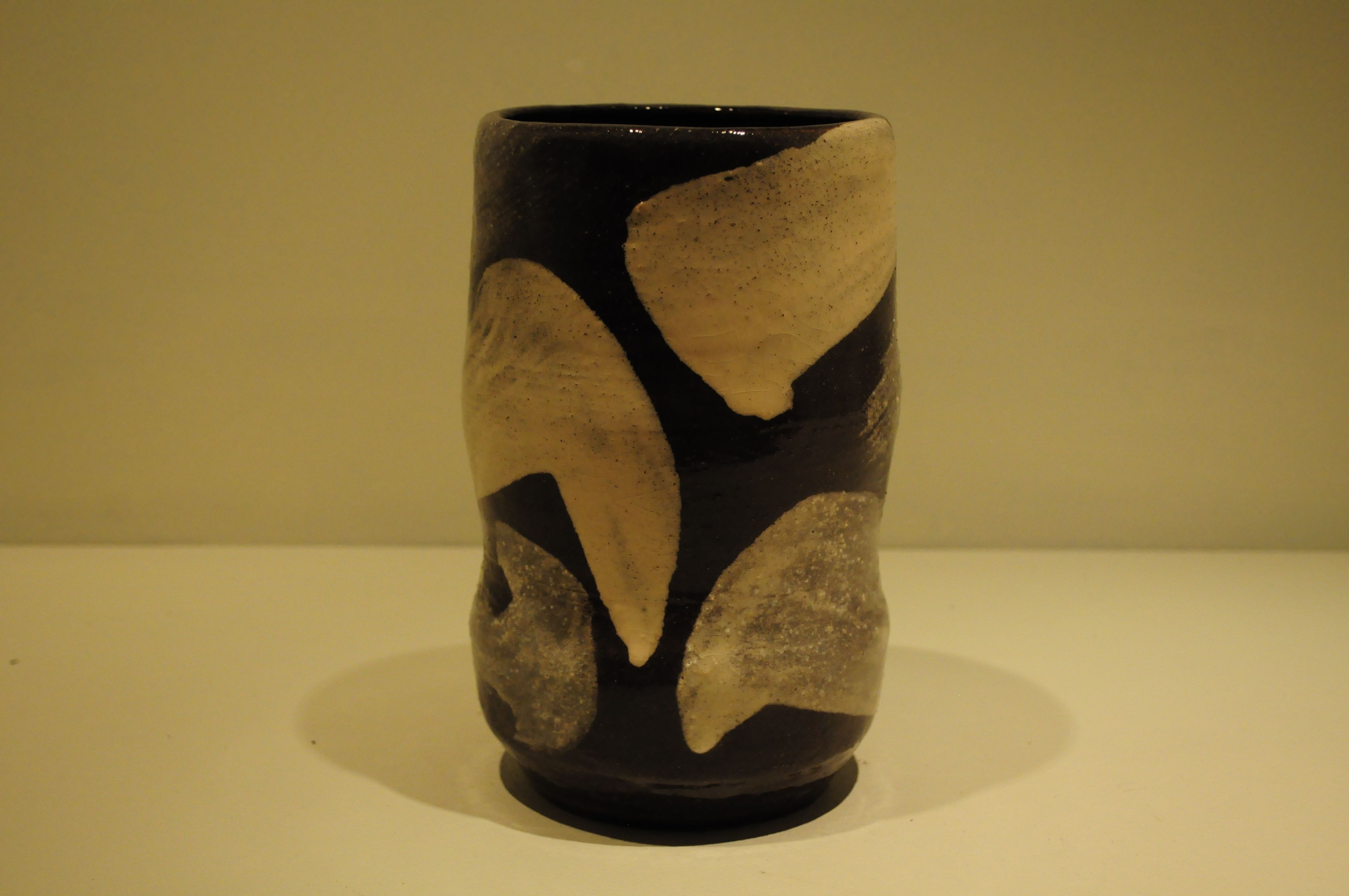Hakeme vase V, black stoneware, wheel-thrown, yellow and white slips ...
