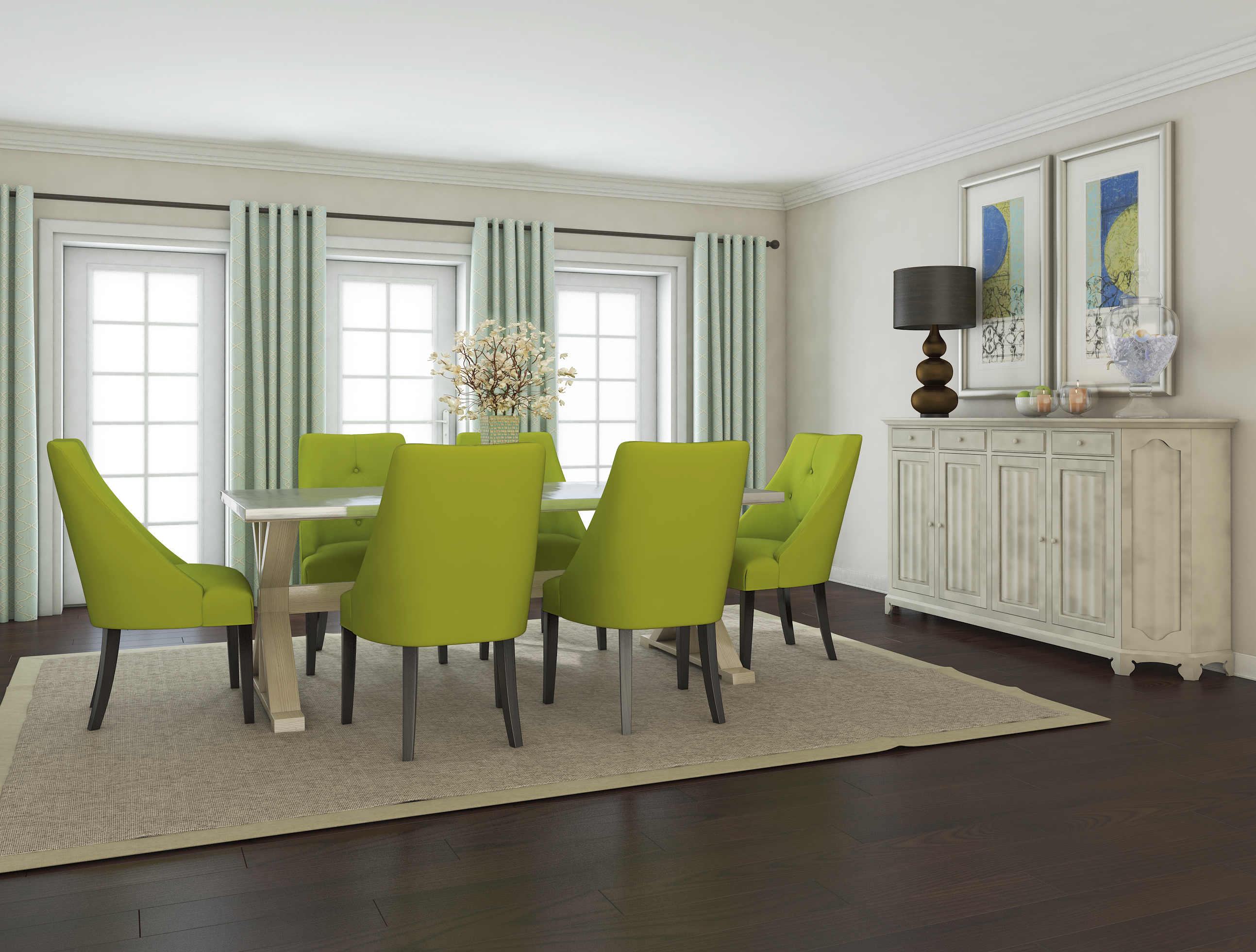 Soothing Green Dining Room Decor And Furniture Arrangement With ...