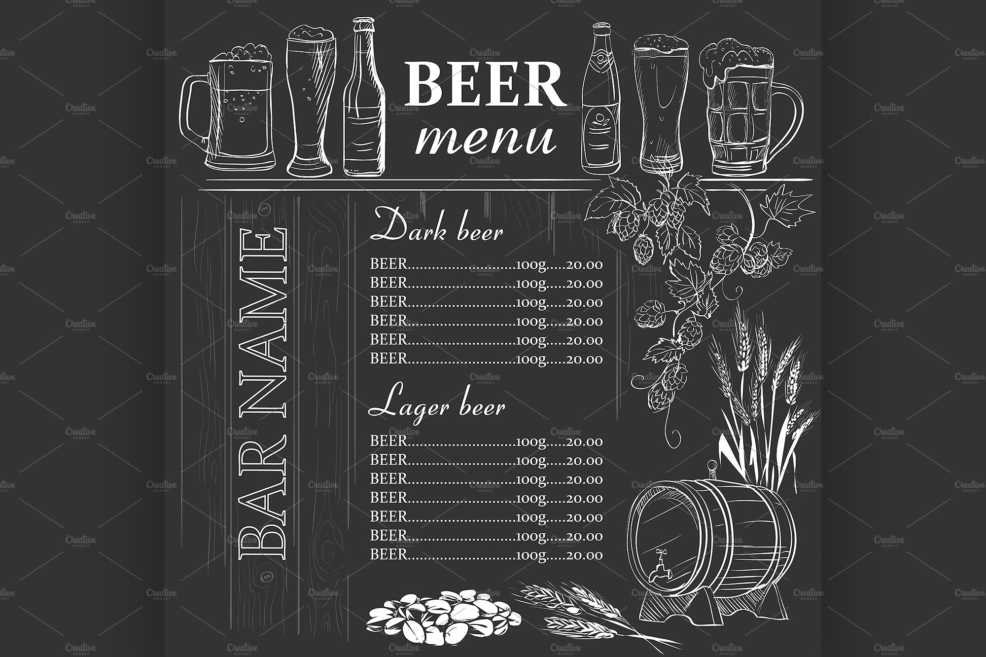 Beer menu hand drawn on chalkboard ~ Illustrations ~ Creative Market