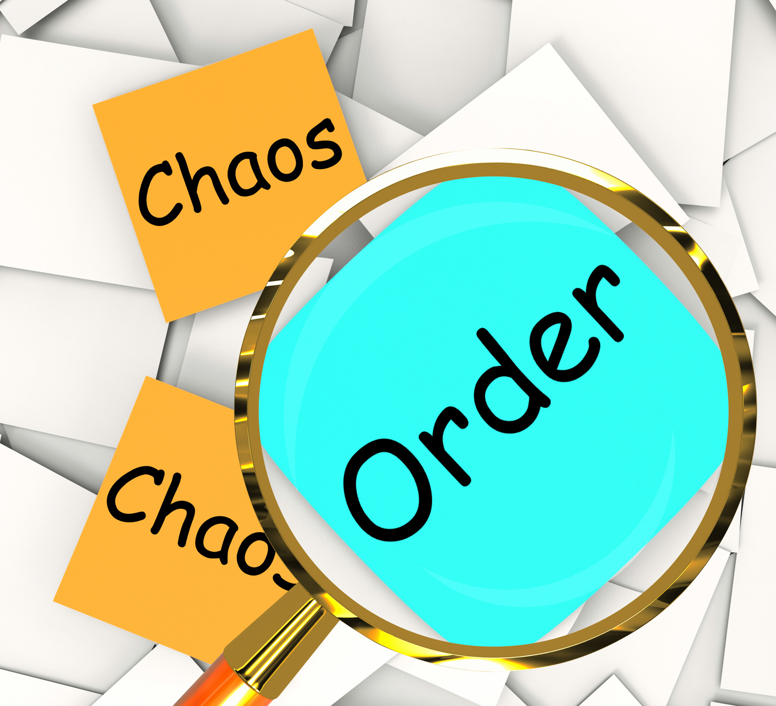 Chaos order post-it papers show disorganized or ordered photo