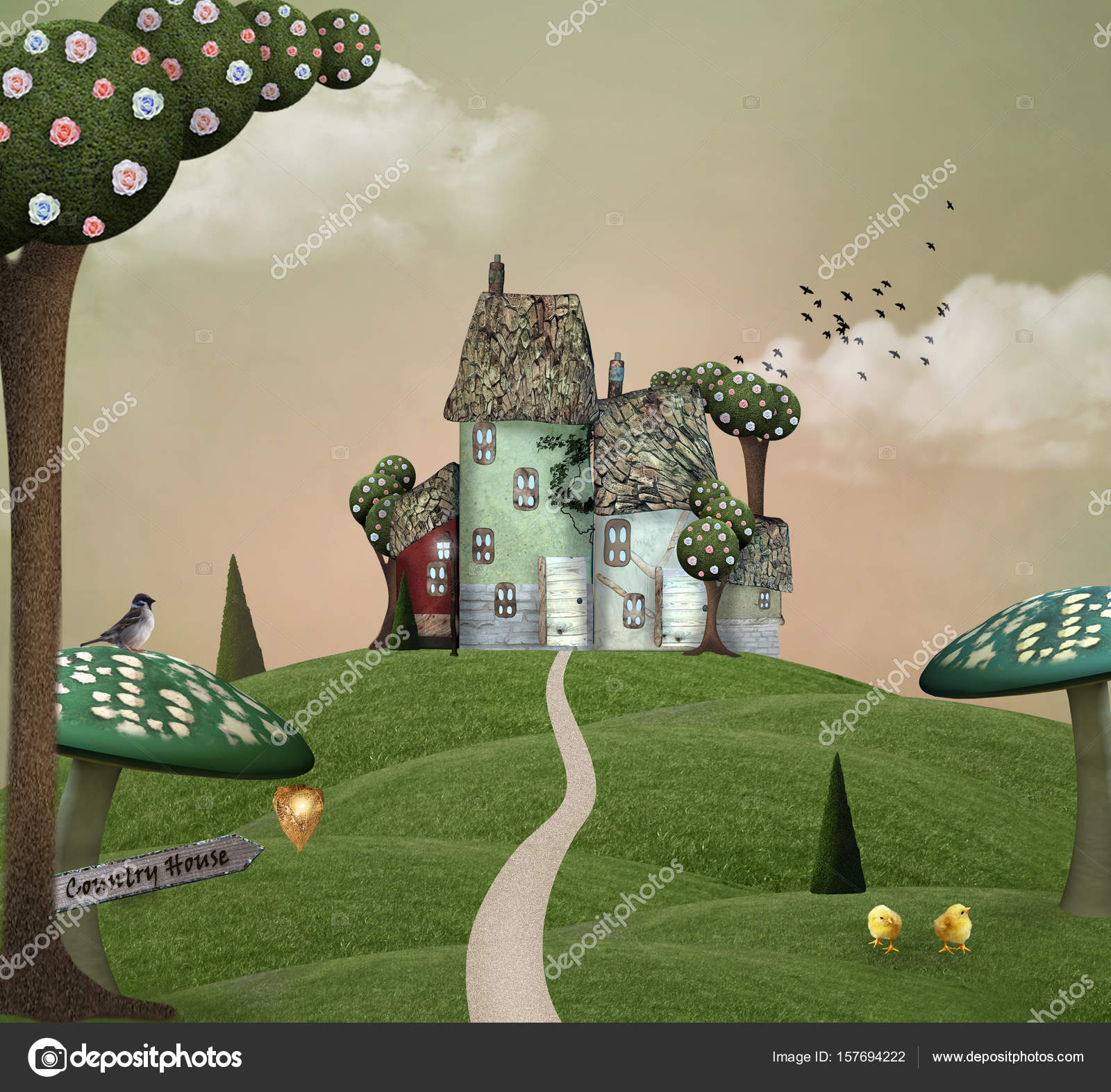 Fantasy country house over an hill by summer. — Stock Photo ...