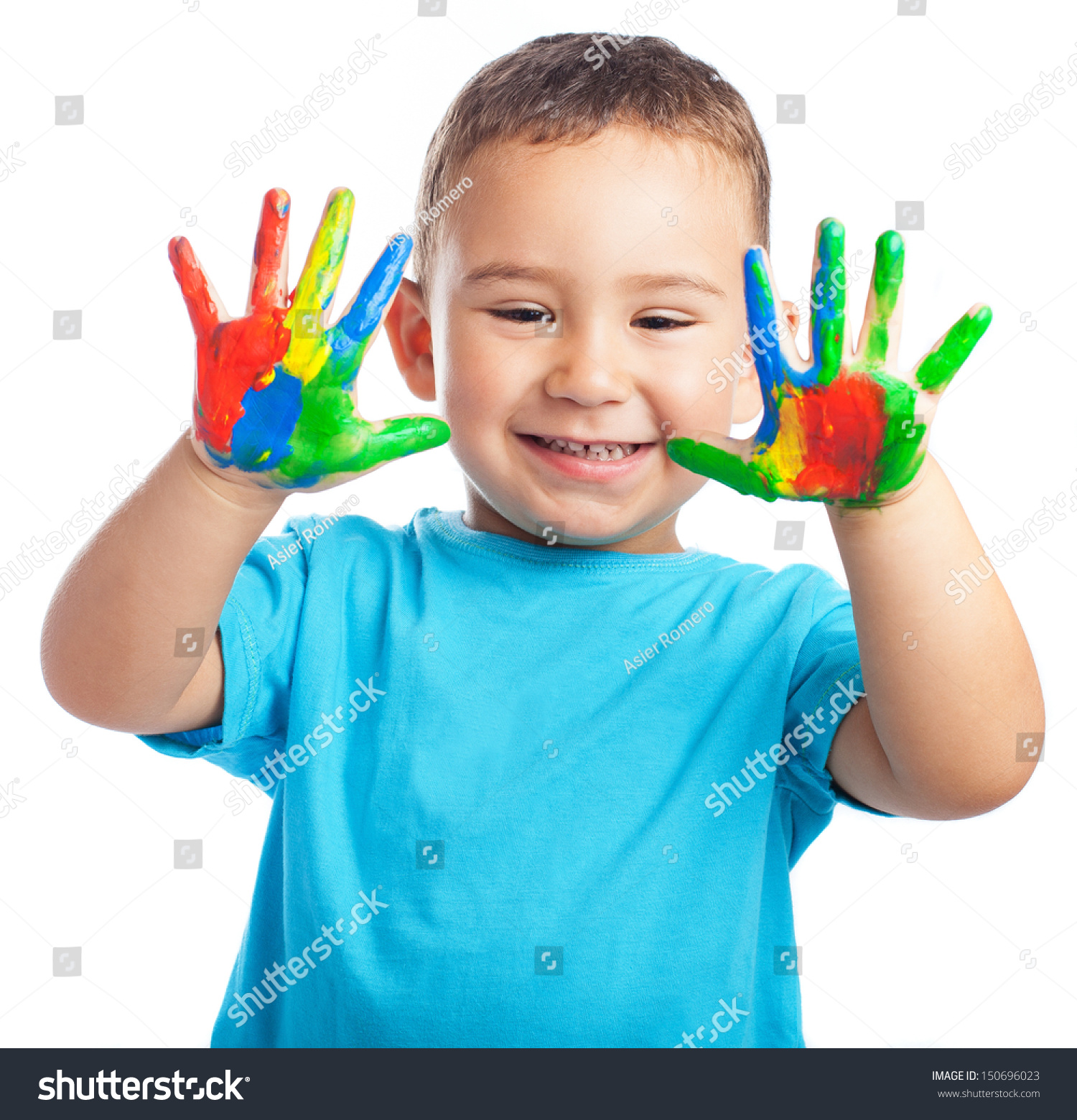 Cheerful Child Painted Hands On White Stock Photo 150696023 ...