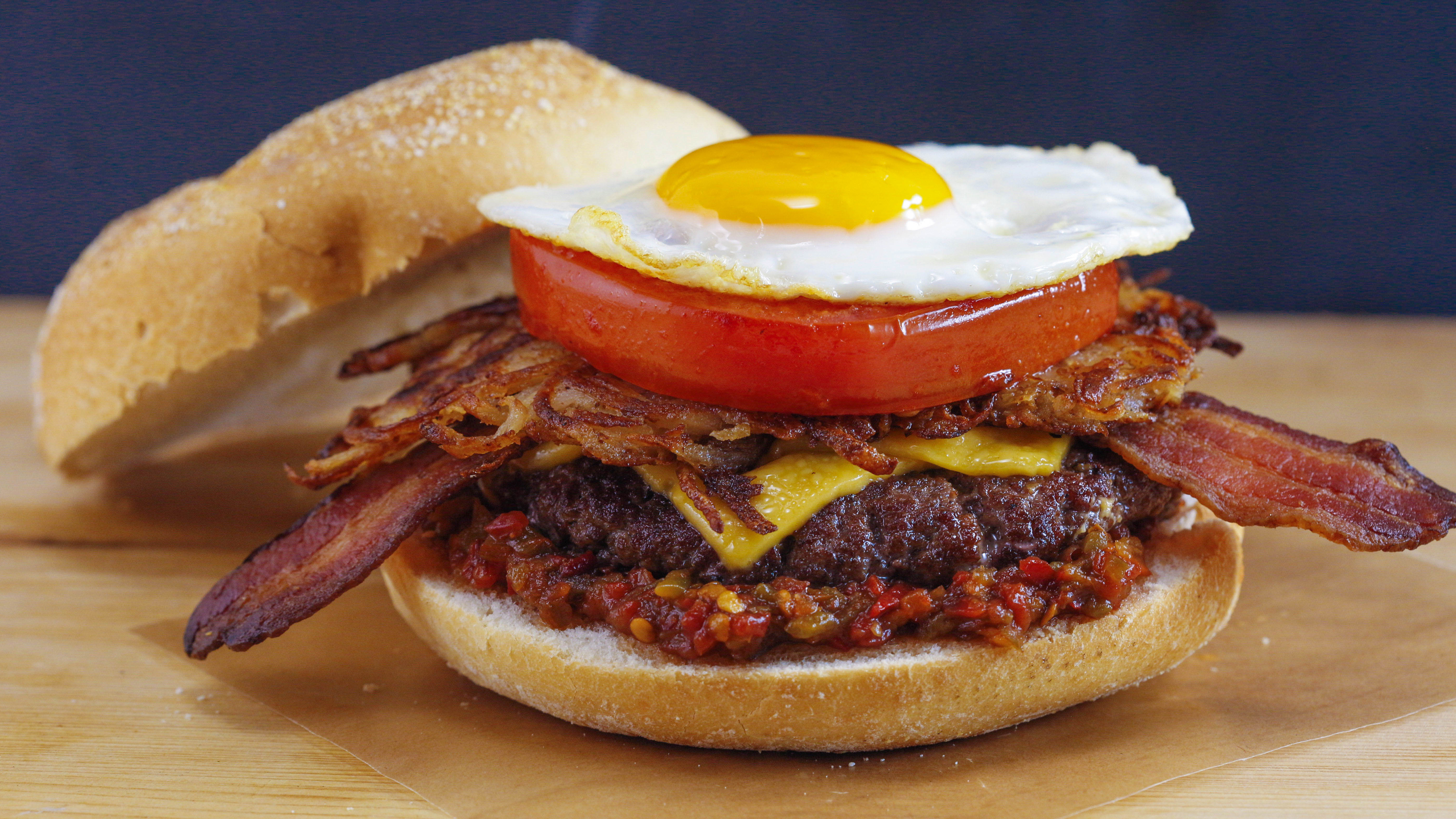 Bacon, Egg and Cheeseburger on a Roll with Spicy Mustard Hash Browns ...