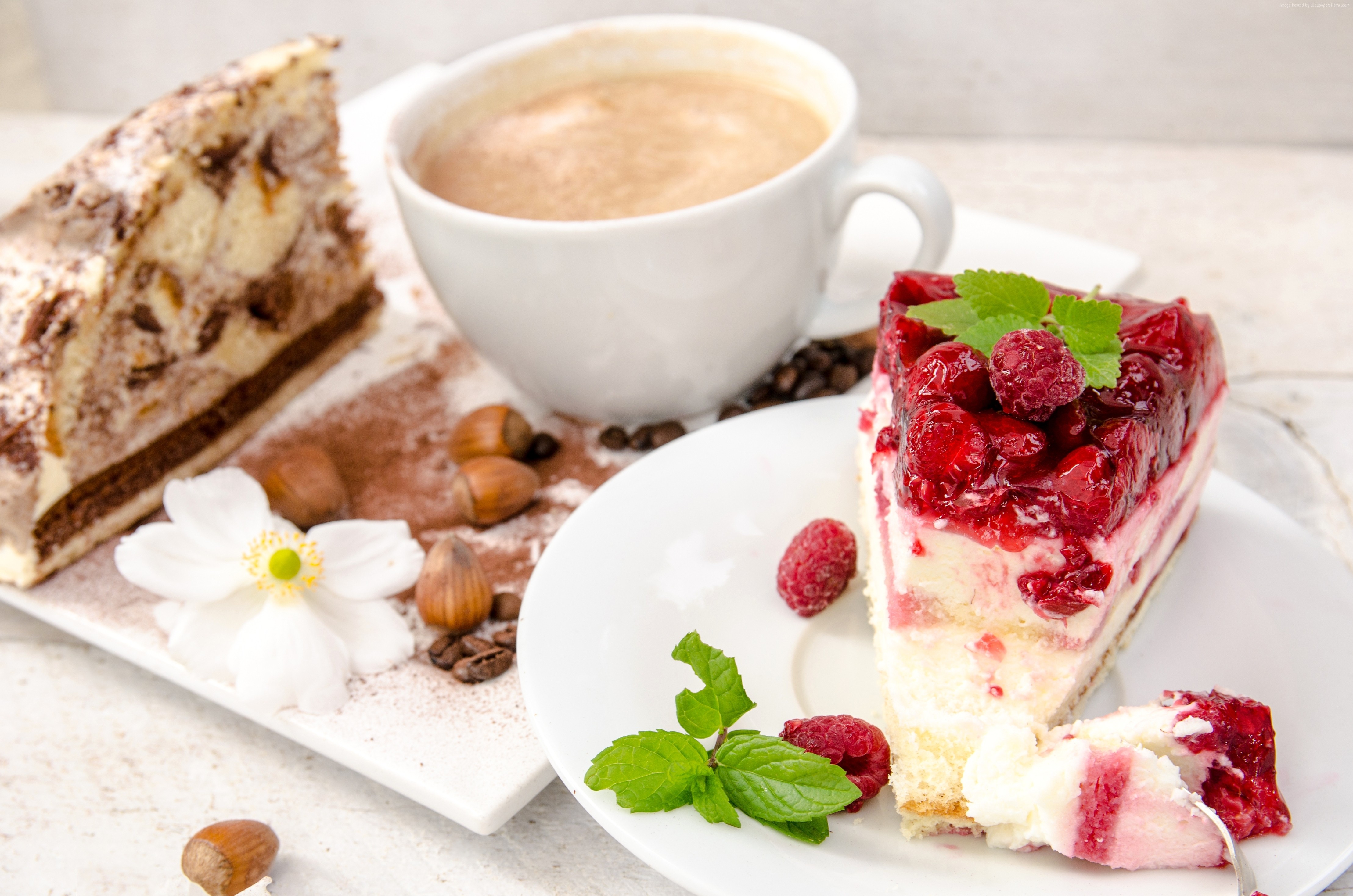 Wallpaper cheesecake, raspberry, mint, cream, coffee, hazelnut, Food ...