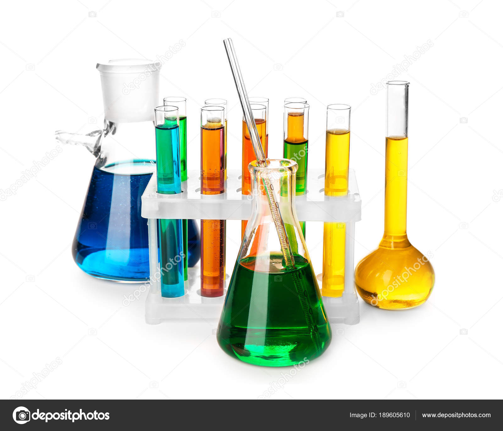 Chemical glassware with colorful samples on white background — Stock ...