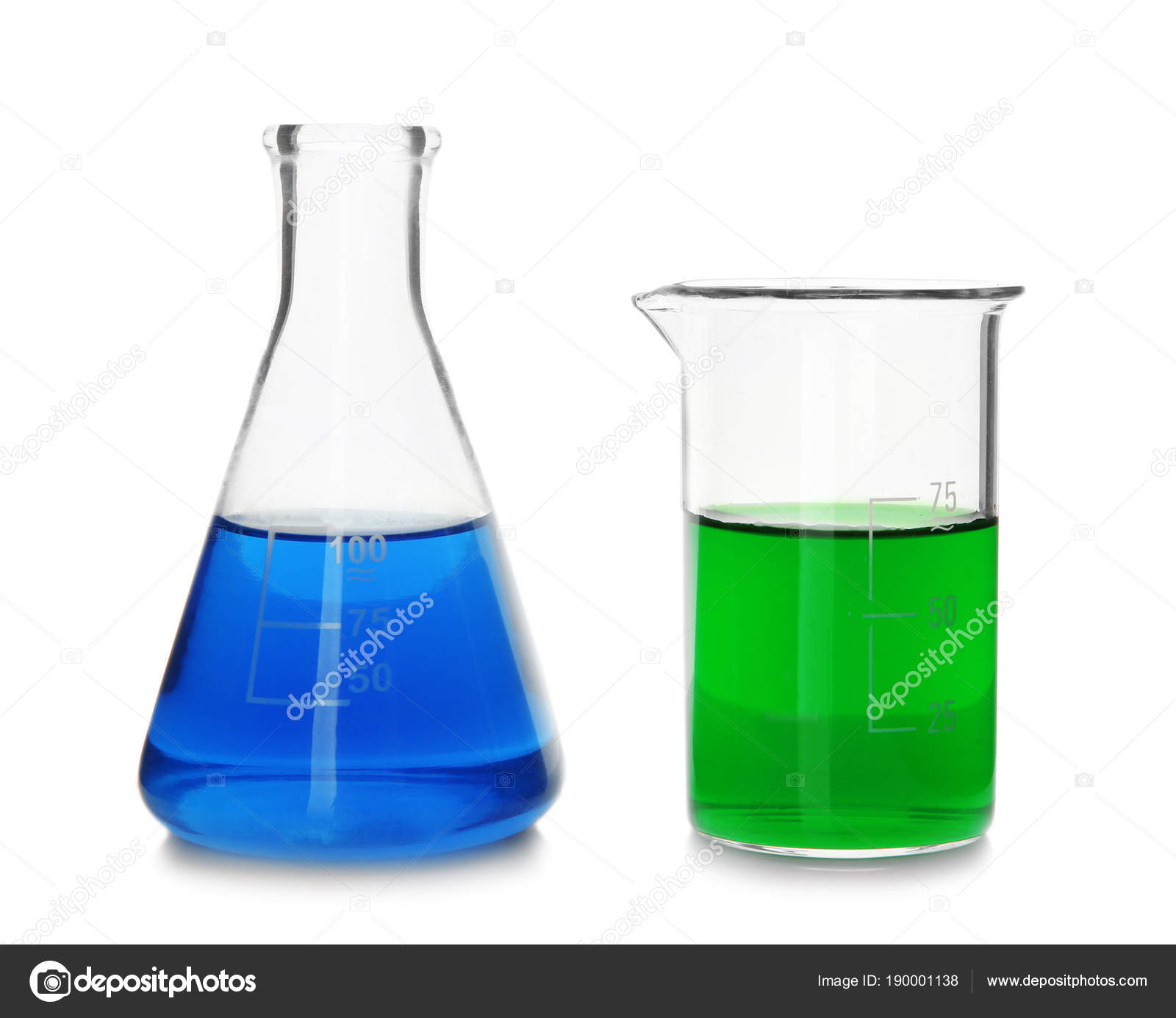 Chemical glassware with colorful samples on white background — Stock ...