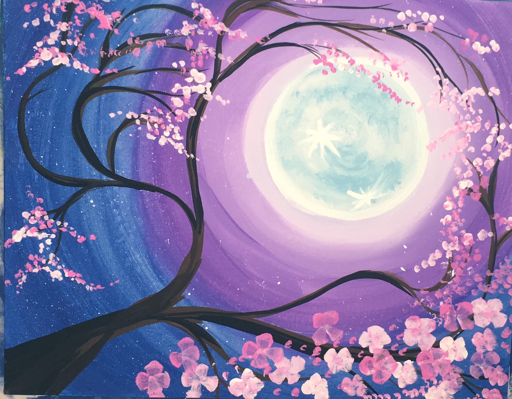 How To Paint A Cherry Blossom Tree With Moon - Step By Step Painting