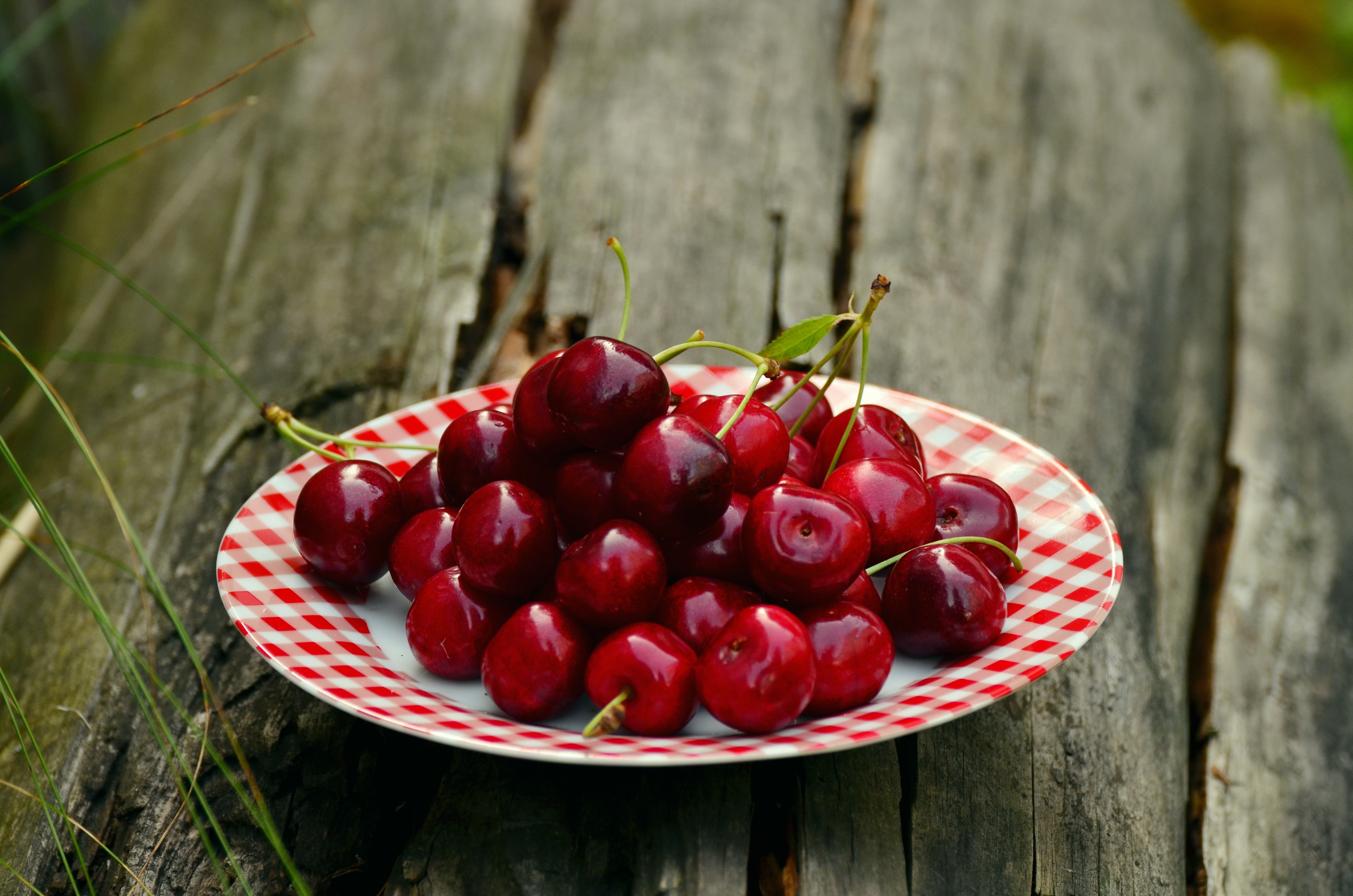 Cherry fruits on white and red ceramic round plate photo